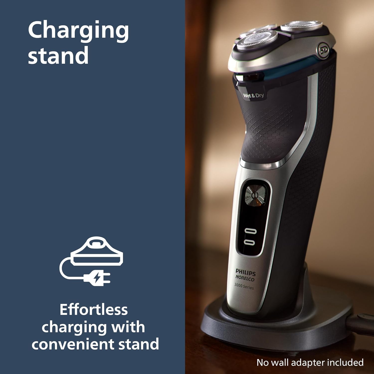 Highlights the convenient charging stand feature of the electric shaver, emphasizing effortless charging and storage.