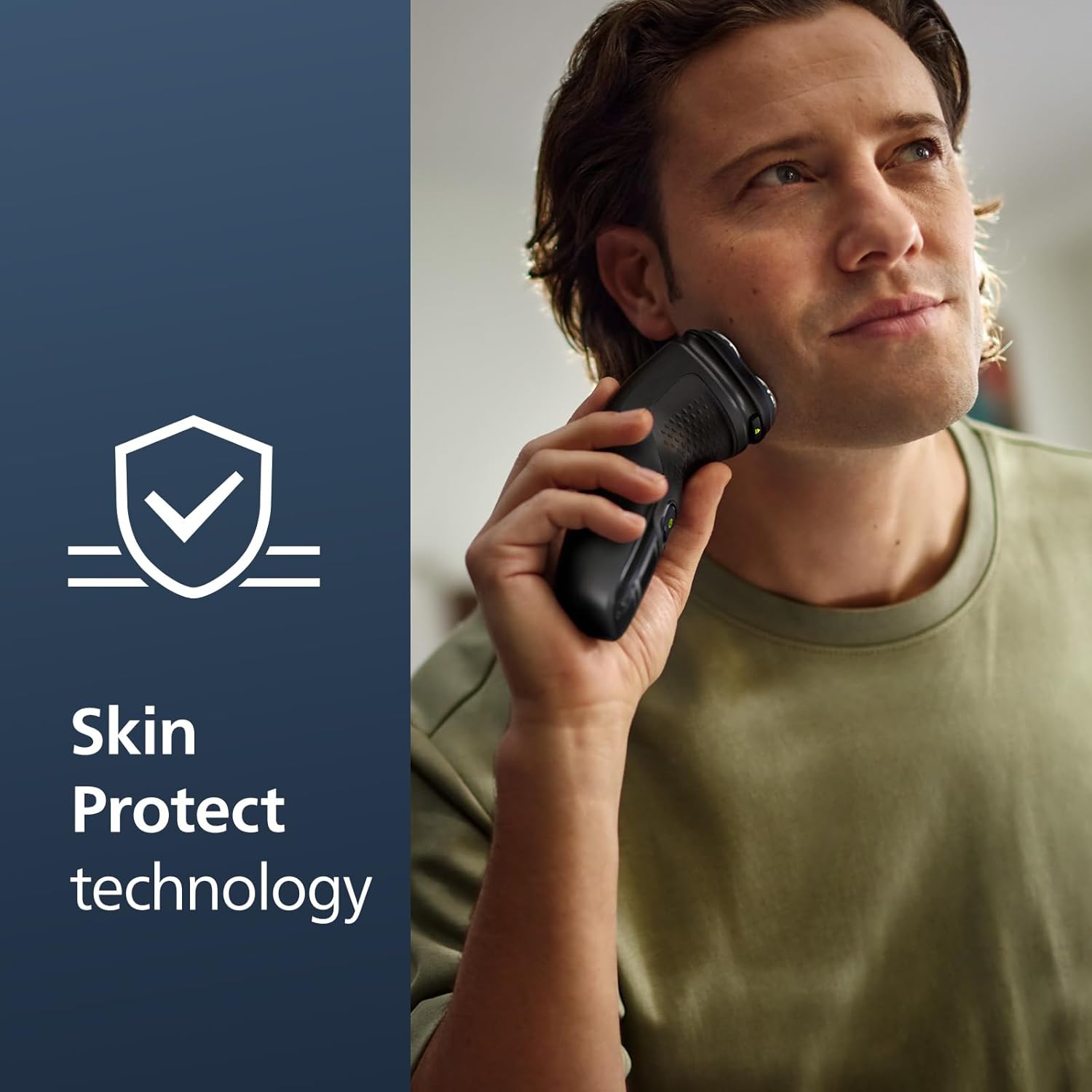 Highlights the product's skin protection feature to reassure users about the safety and gentleness of the shaver on their skin