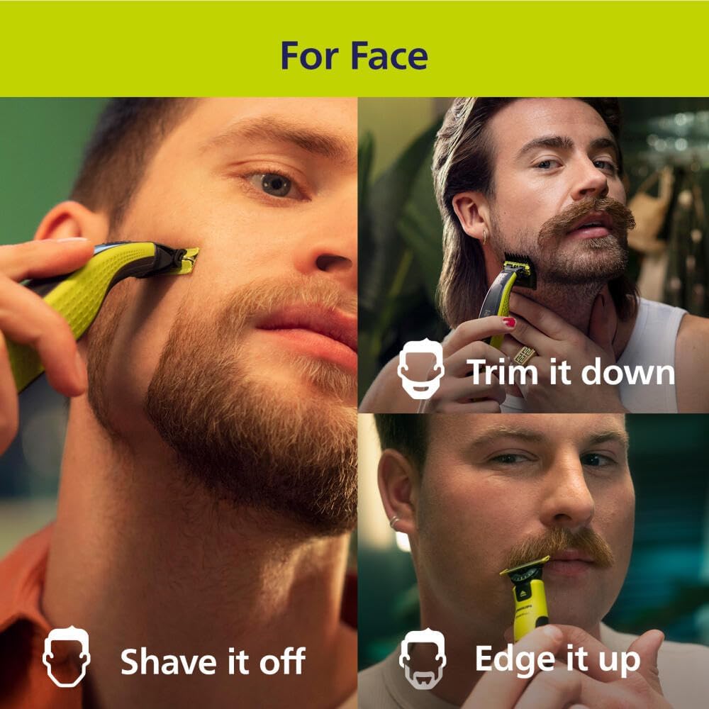Demonstrates different ways to use the product for facial hair grooming, including shaving, trimming, and edging. Shows the versatility of the product by illustrating multiple facial hair styling…