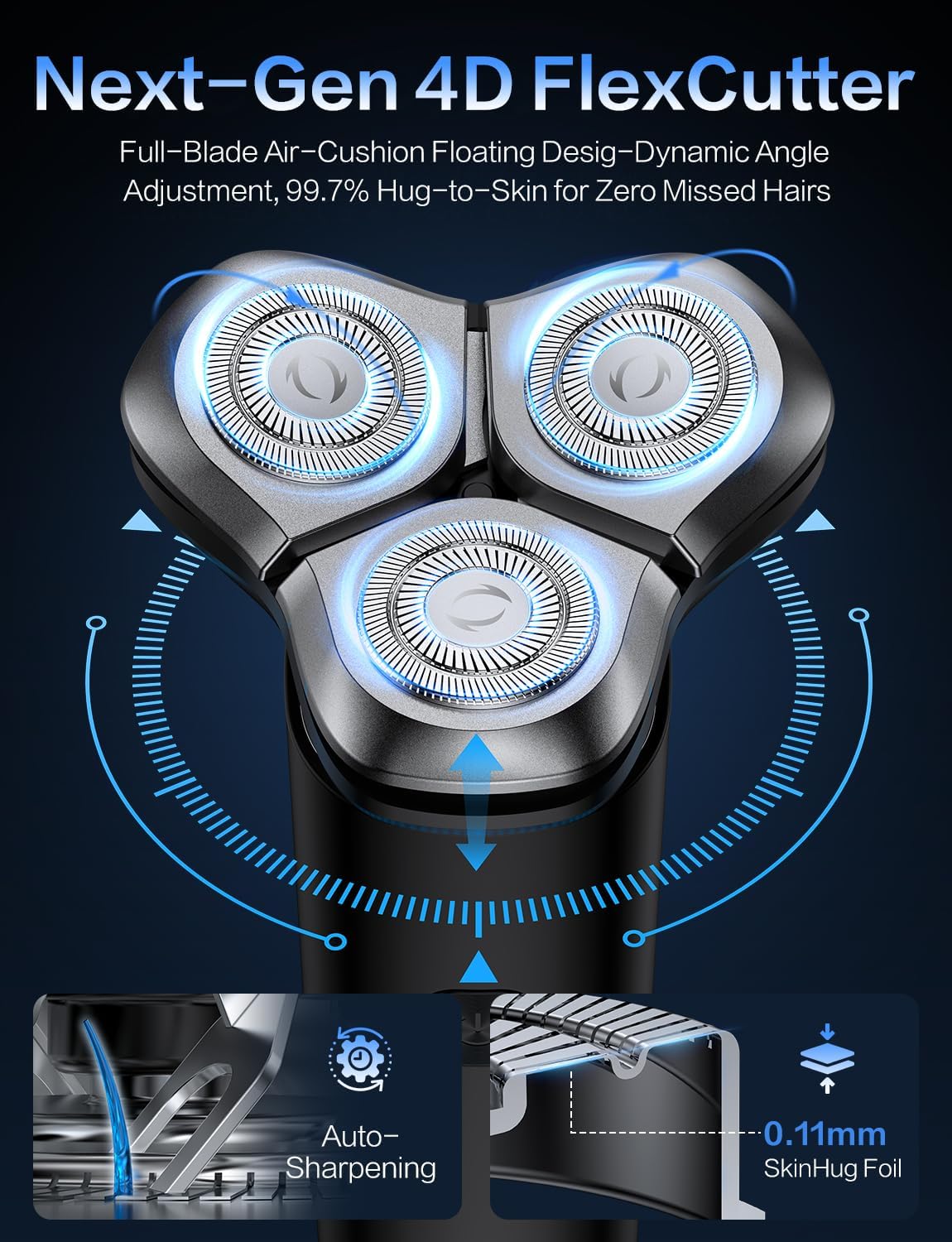Highlights the advanced features and technology of the electric shaver, emphasizing its precision cutting ability and skin-friendly design.