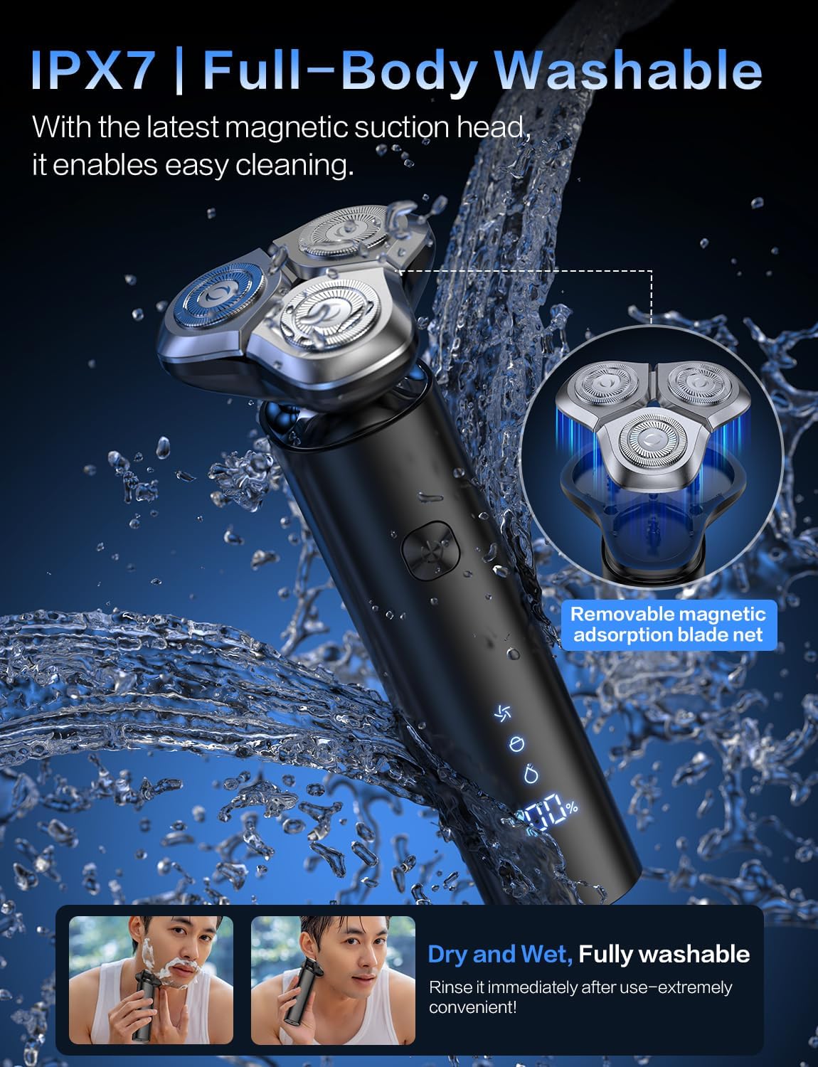 Highlights the product's waterproof capabilities to reassure customers about its durability and ease of cleaning. Emphasizes the convenience of being able to fully wash the electric shaver, making…