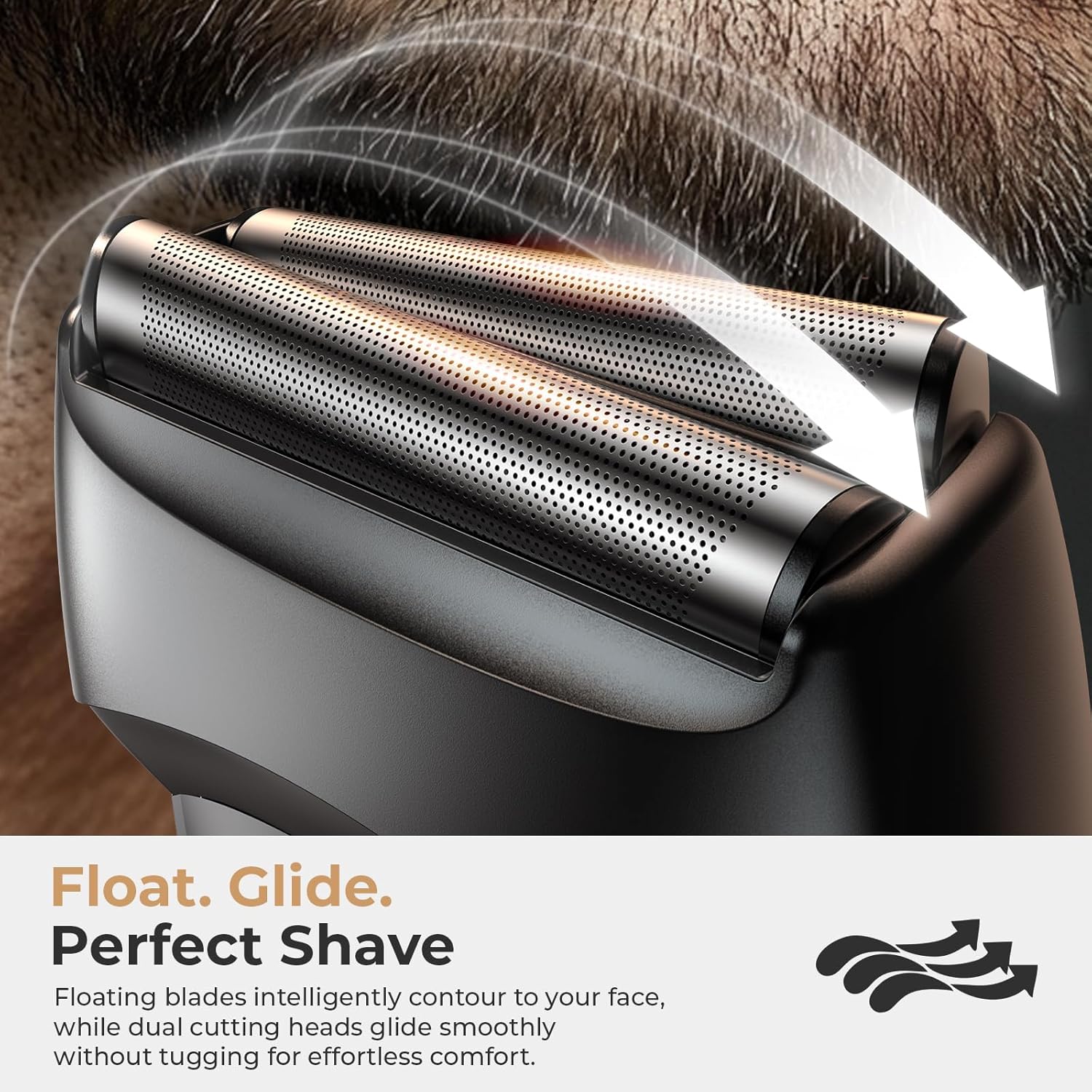 Highlights the product's floating blade technology and smooth gliding action for a comfortable, close shave.
