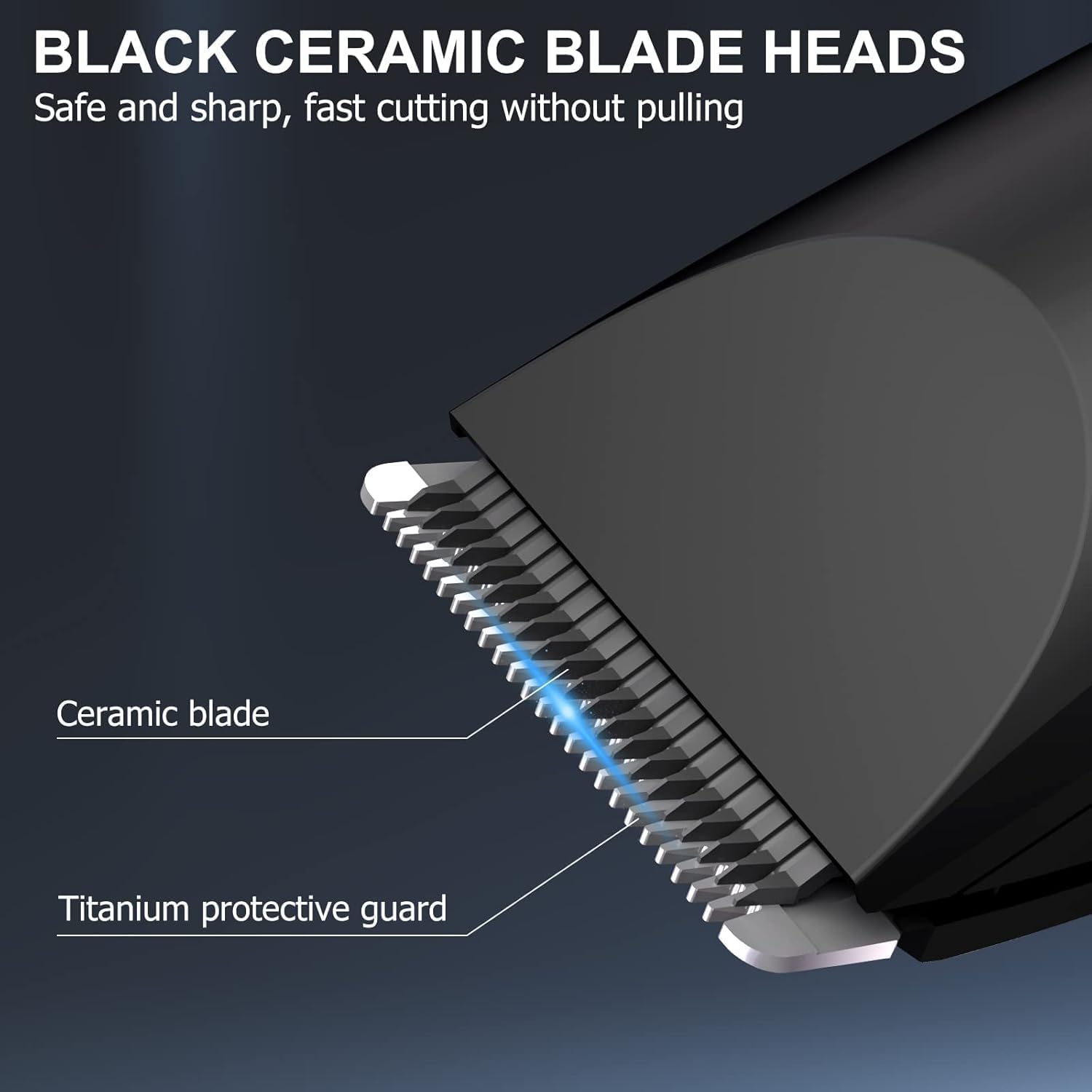Highlights the product's ceramic blade heads, emphasizing their safety, sharpness, and ability to cut quickly without pulling hair. Shows the detailed construction of the blade heads, pointing out…