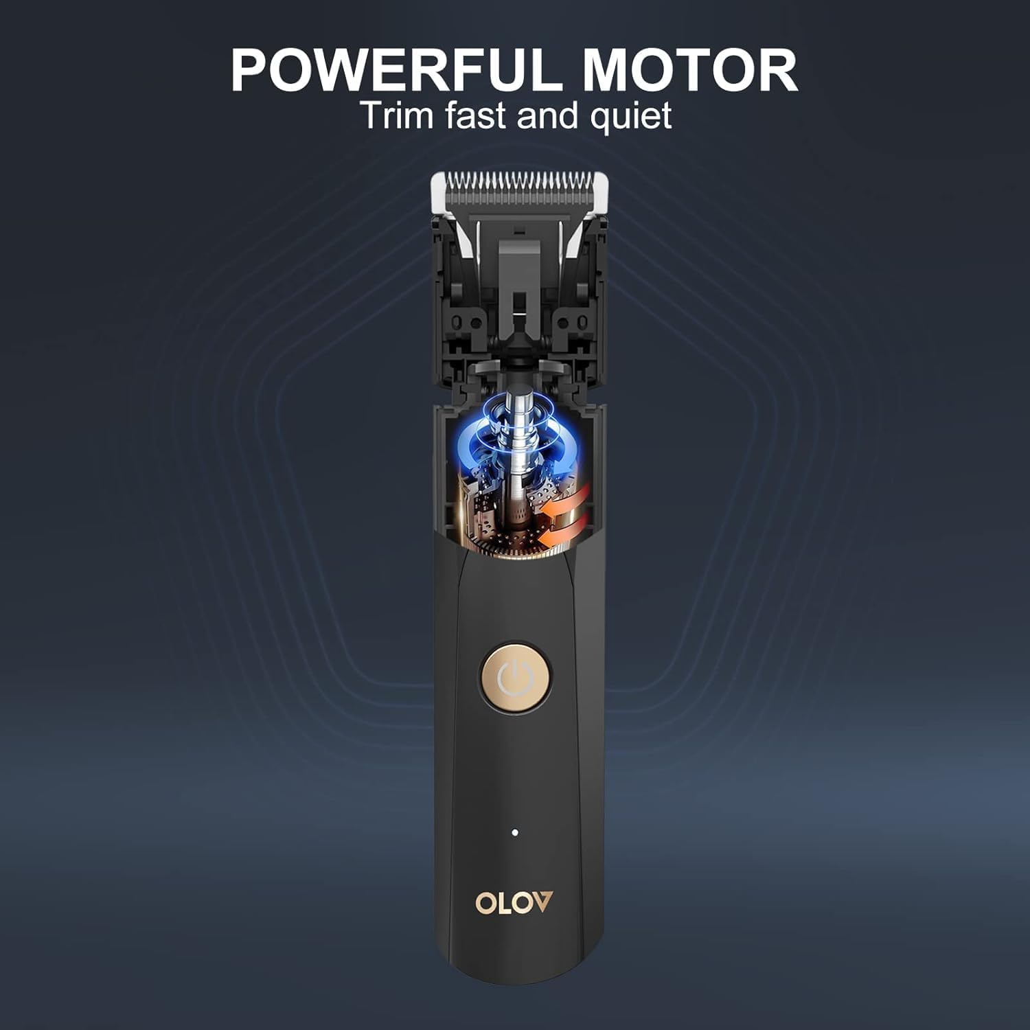 Highlights the product's powerful motor feature, emphasizing fast and quiet trimming performance.