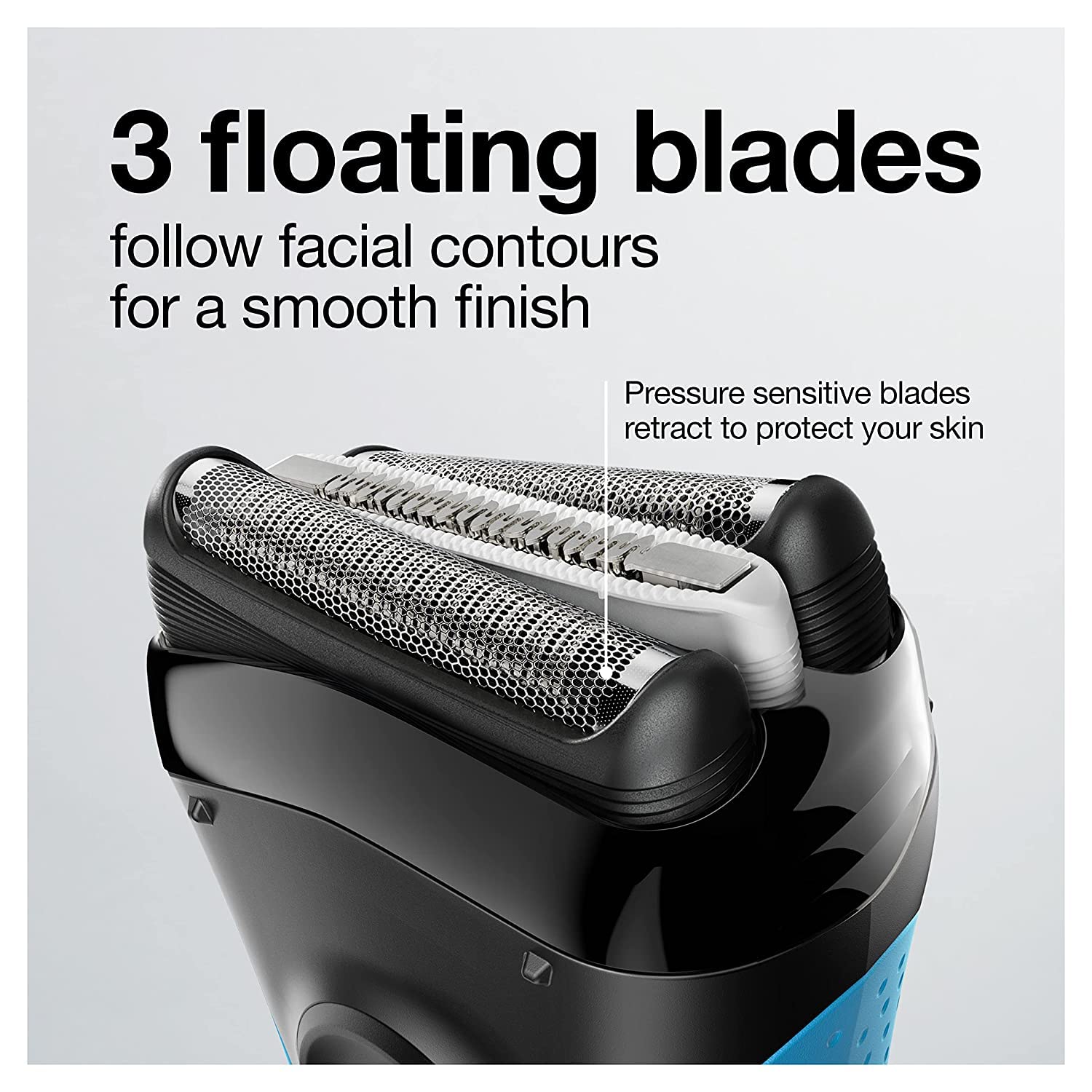 Highlights the product's 3 floating blades feature that follows facial contours for a smooth shave, emphasizing improved comfort and effectiveness.
