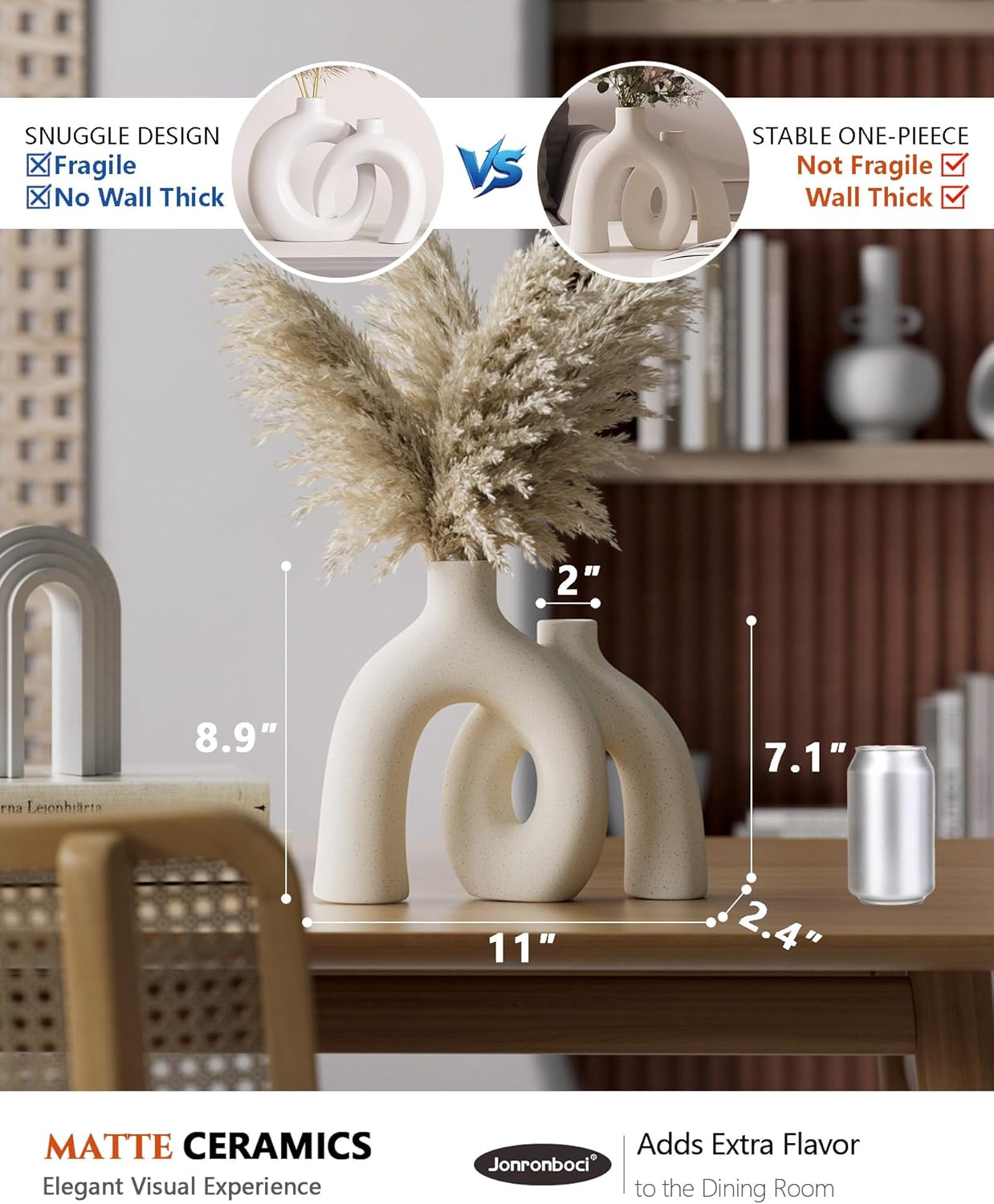Compares the product's stable one-piece design to a fragile alternative, highlighting its superior durability and thickness. Provides exact measurements of the vase and includes a soda can for size…