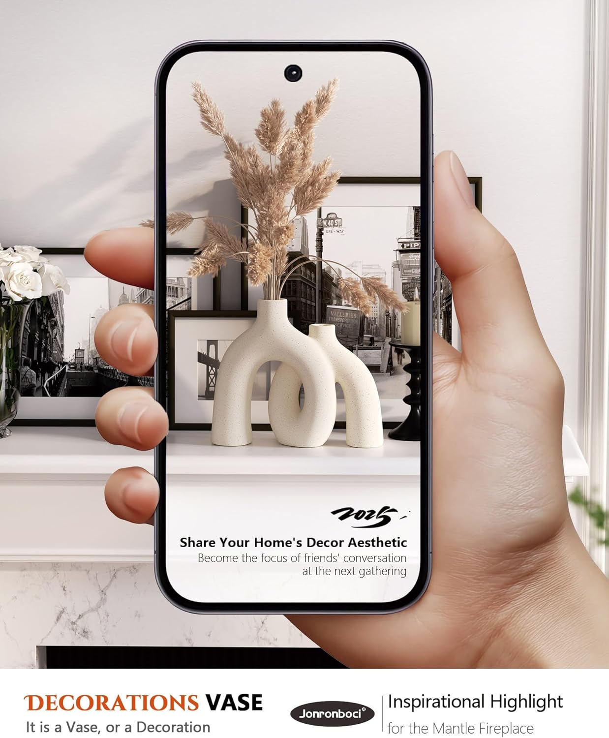 Showcases the product in a real-world home setting to inspire customers and demonstrate how it enhances interior decor. Illustrates how the vase can be used as a decorative piece on a mantle or…