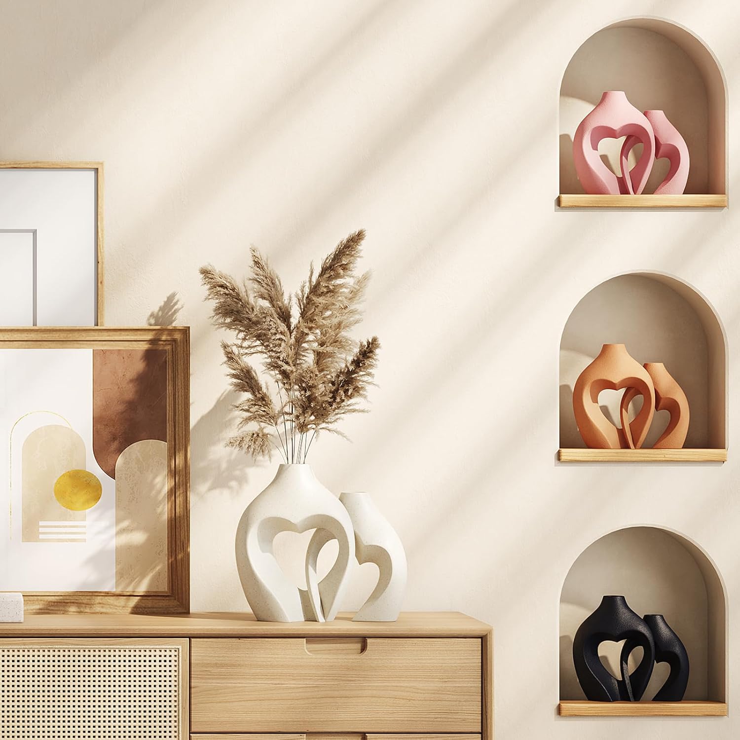 Showcases the product in a stylish home setting to demonstrate its aesthetic appeal and versatility as a decorative piece.