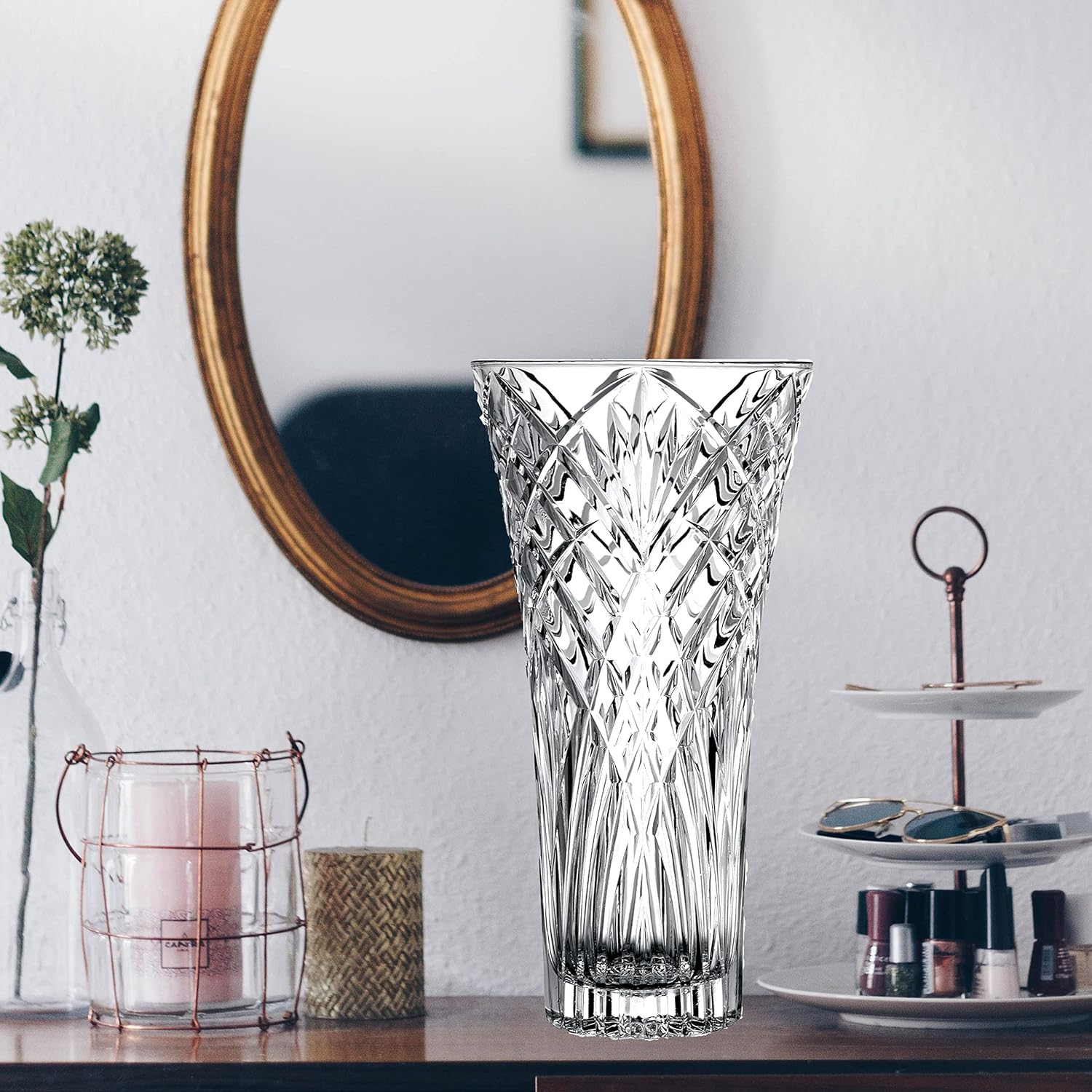 Shows the crystal vase in a stylish home setting to demonstrate how it enhances interior decor.