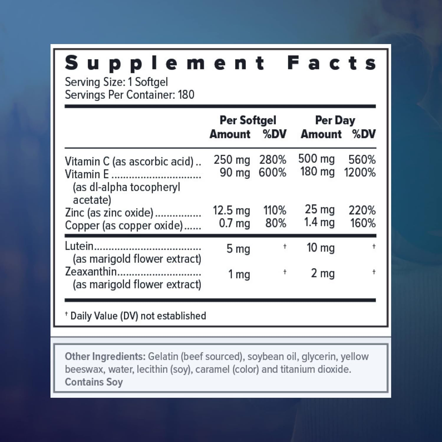 Provides detailed nutritional information and dosage for the supplement, allowing customers to understand the exact contents and recommended usage.