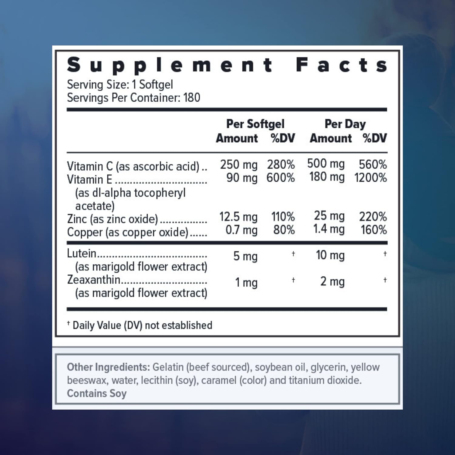 Provides detailed nutritional information and dosage for each ingredient in the supplement, allowing customers to understand the exact contents and recommended serving.