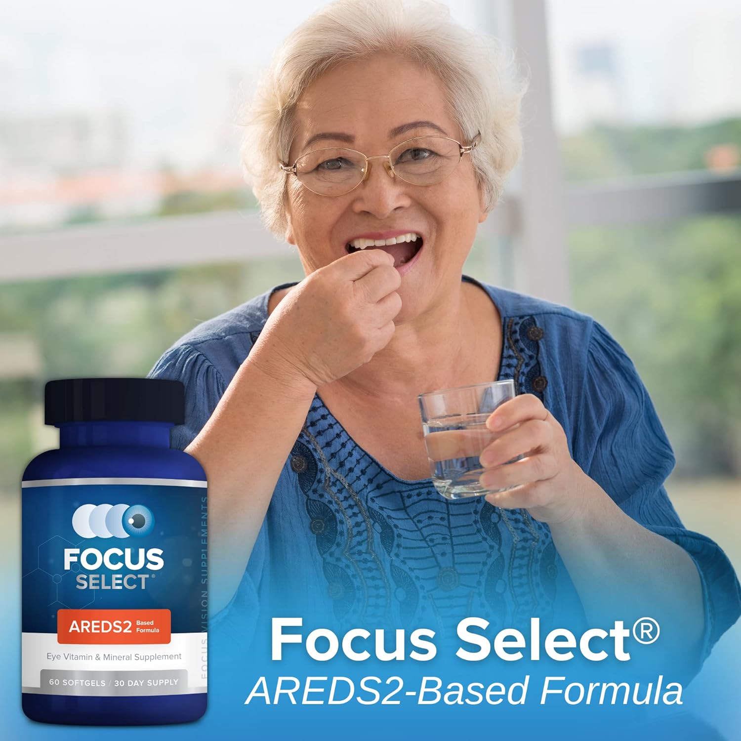 Shows an older woman happily taking the product, implying it's easy to use and beneficial for seniors. Highlights the specific formula (AREDS2-Based) to communicate the product's targeted benefit…