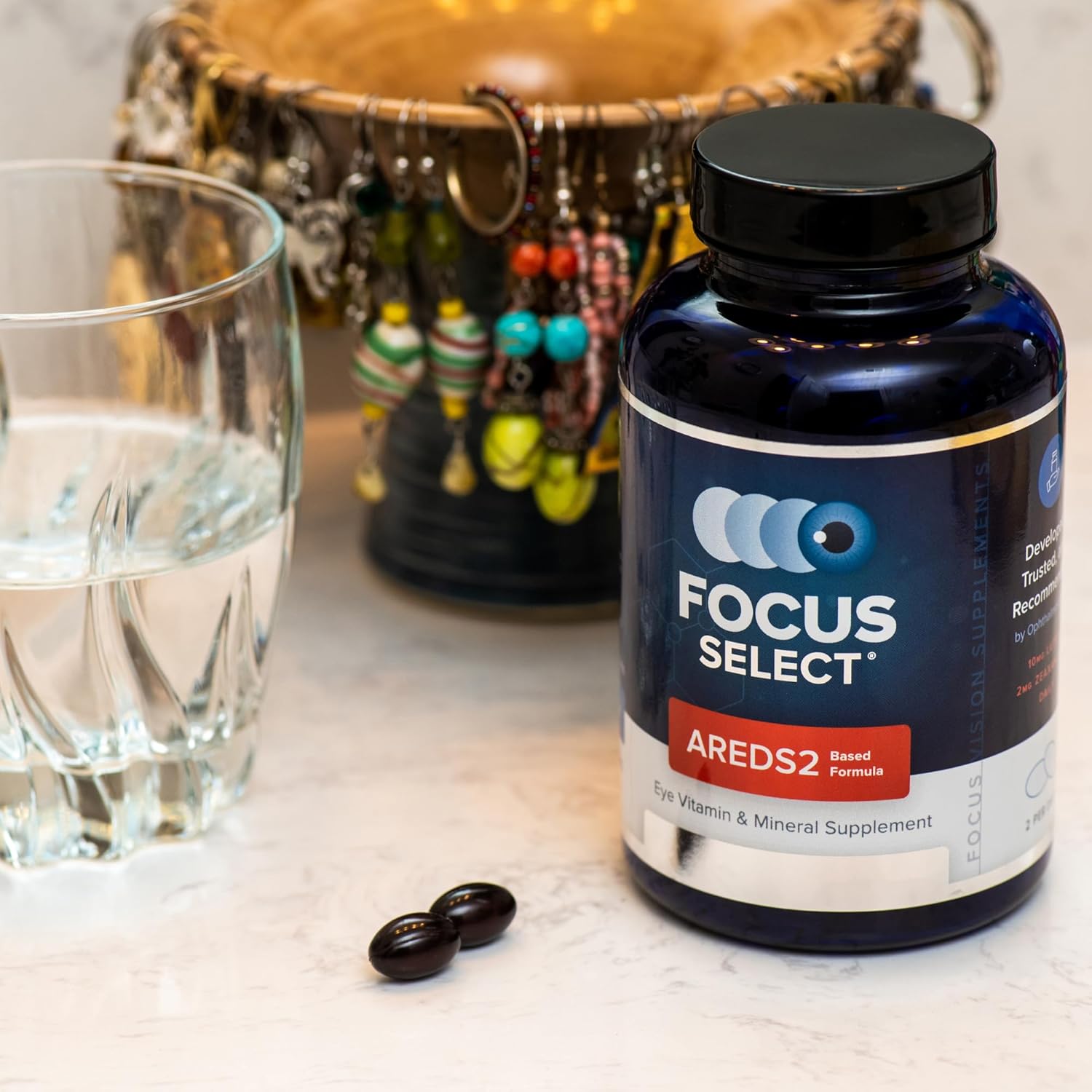 Highlights the product's specific formula (AREDS2) for eye health, emphasizing its role as a vitamin and mineral supplement for eye care.