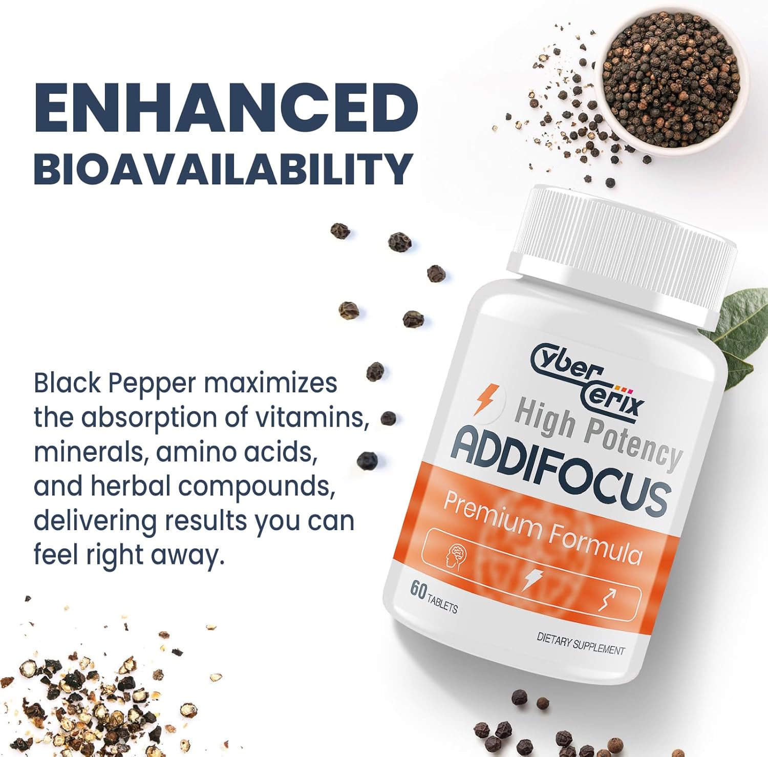 Highlights how black pepper in the product improves absorption of key ingredients, emphasizing fast and effective results.