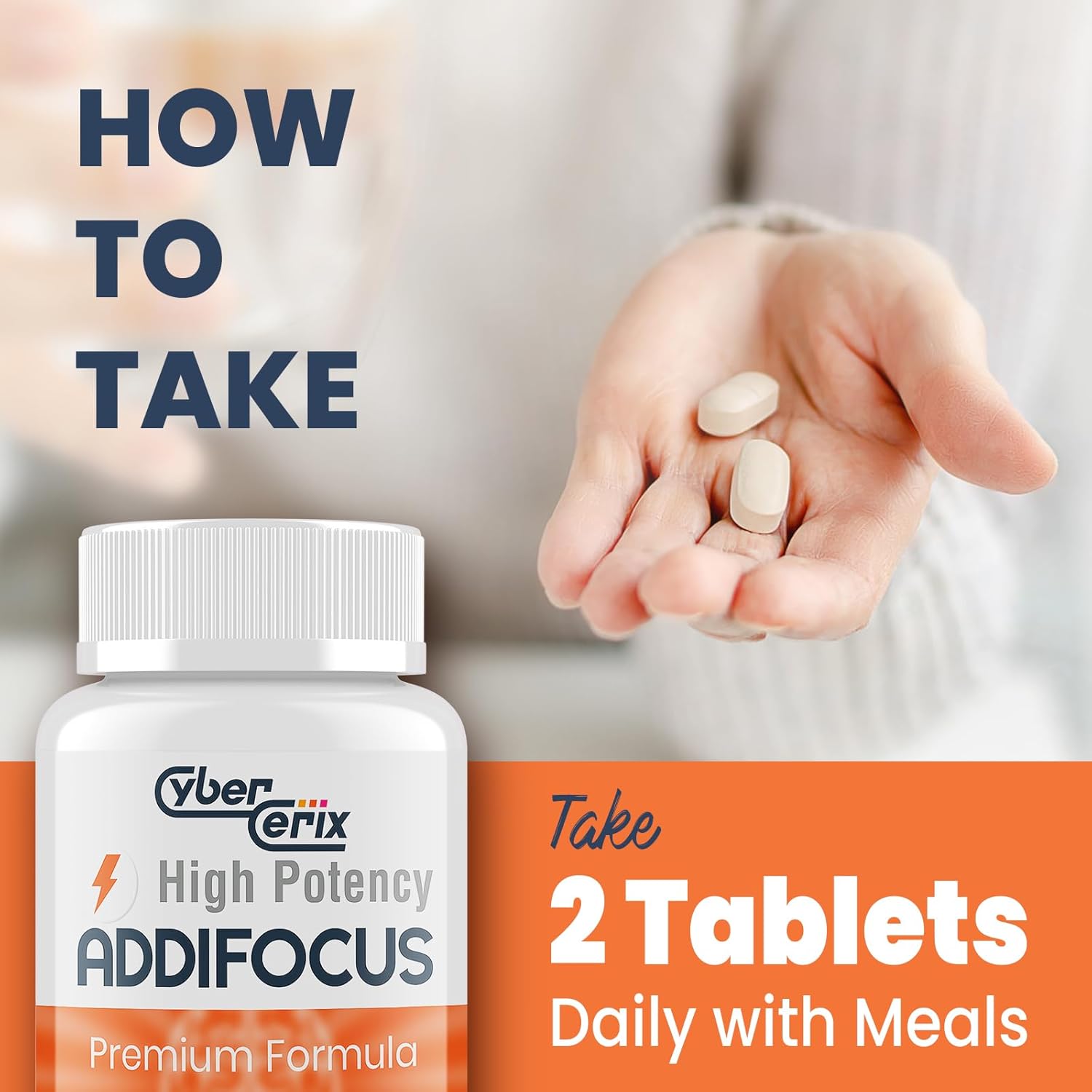 Explains the correct way to take the supplement, specifying the dosage and timing with meals.
