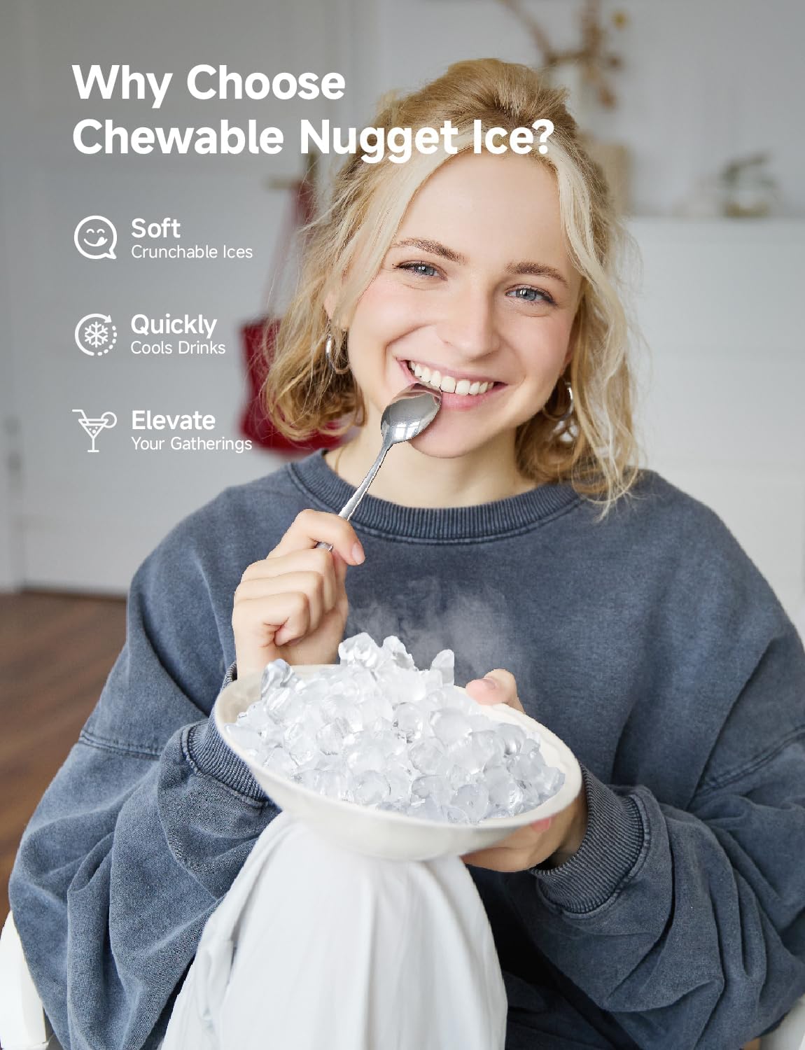 Highlights multiple benefits of chewable nugget ice to convince shoppers of its versatility and superiority over regular ice.