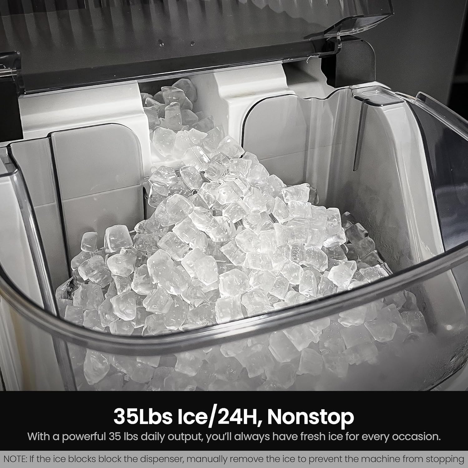 Highlights the ice maker's high-capacity production of 35 lbs of ice per 24 hours, emphasizing its ability to continuously provide fresh ice. Emphasizes the product's ability to produce ice…