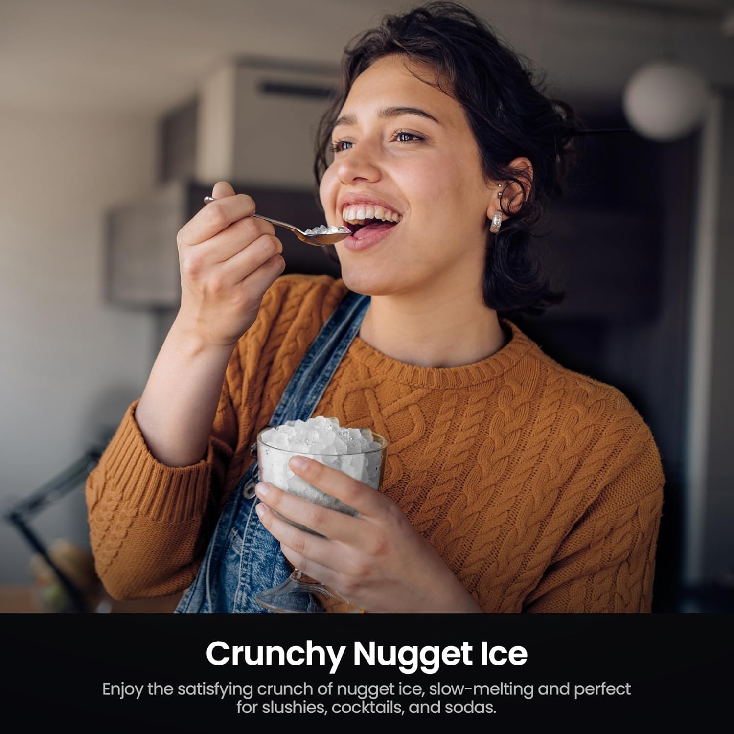 Shows a person enjoying the product in a real-world setting, emphasizing the satisfaction and pleasure of using nugget ice. Highlights the unique crunchy texture of the nugget ice, positioning it as…