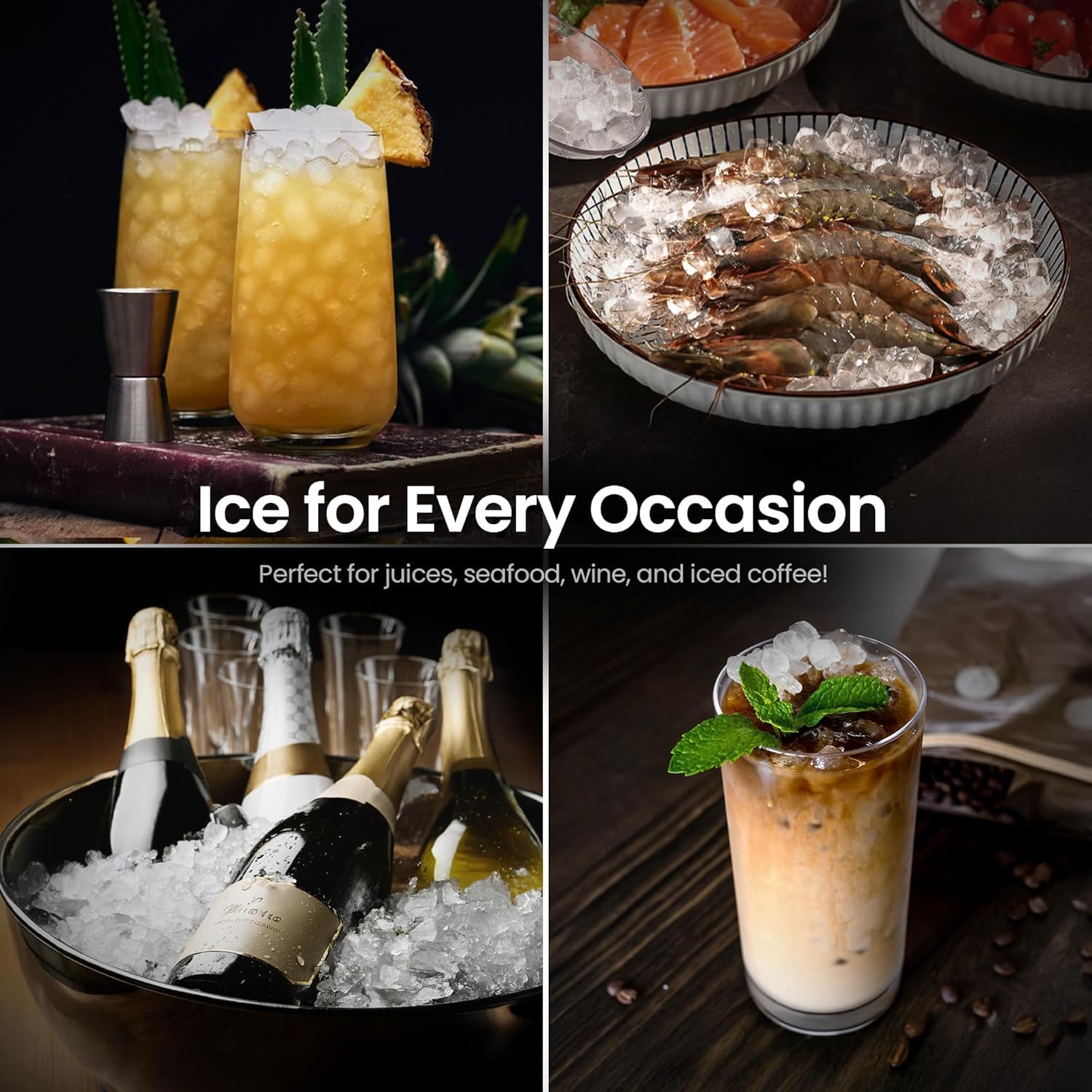 Demonstrates the various ways ice can be used for different beverages and foods, showcasing the product's versatility.