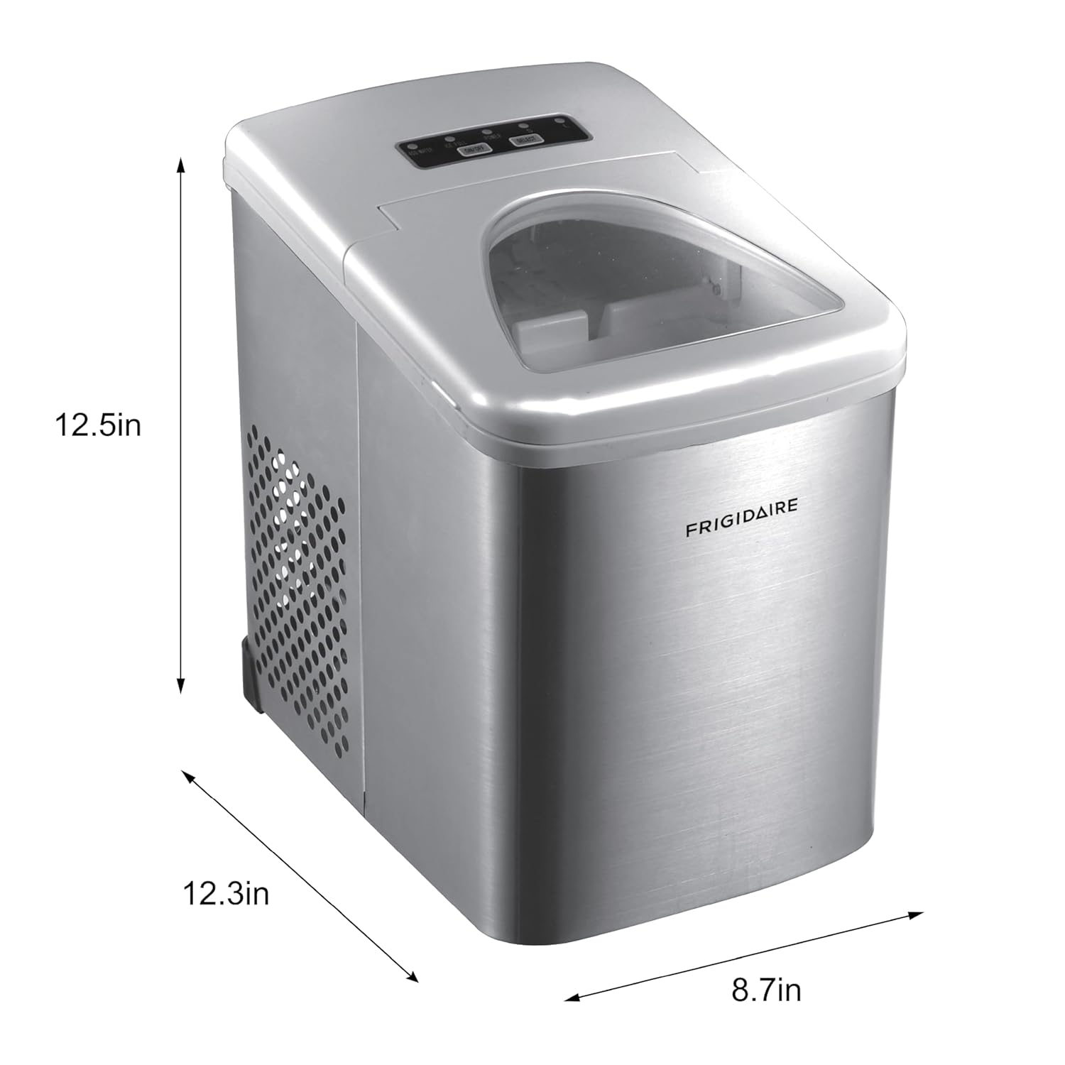 Shows the exact dimensions of the ice maker to help shoppers understand its size and determine if it will fit in their intended space.