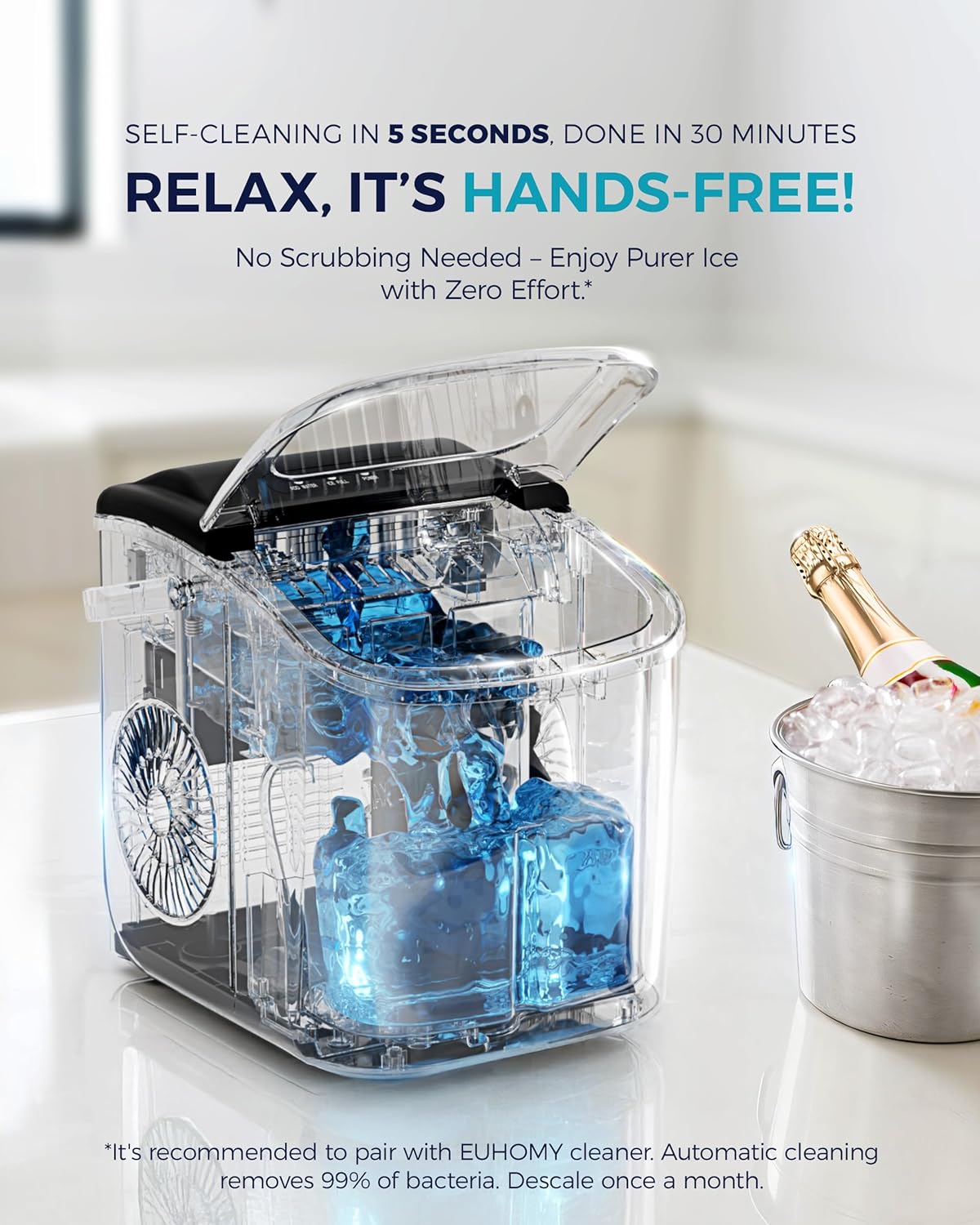 Highlights the product's hands-free self-cleaning feature, emphasizing convenience and ease of use for the customer.