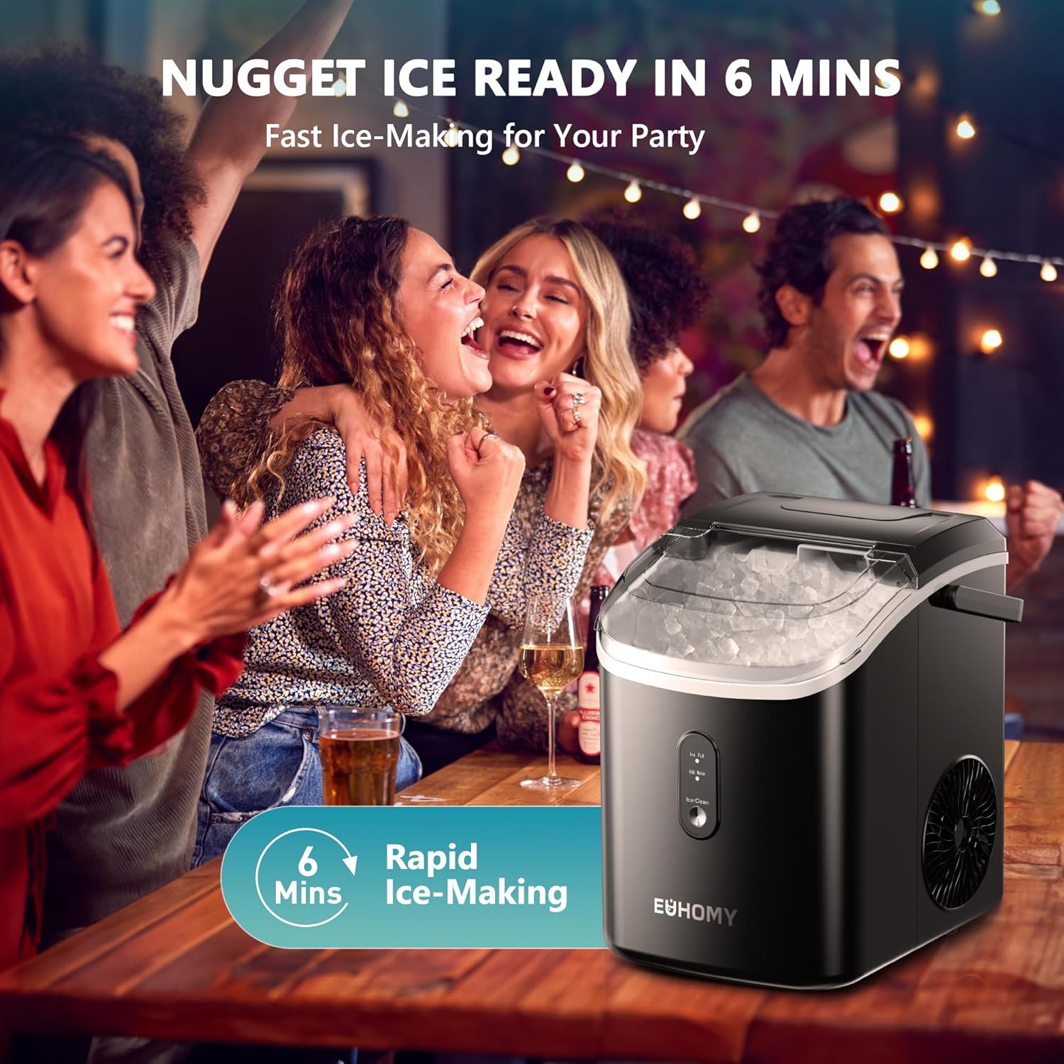 Highlights the product's ability to make ice quickly, emphasizing its convenience for parties and gatherings.