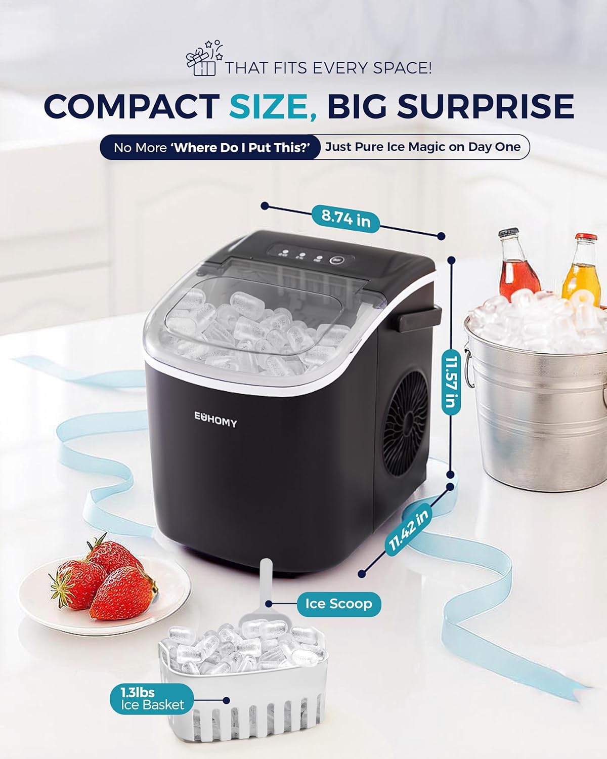 Demonstrates the product's small footprint and dimensions to show it can fit in various spaces easily. Emphasizes the ice maker's compact size as its key selling point, positioning it as a…