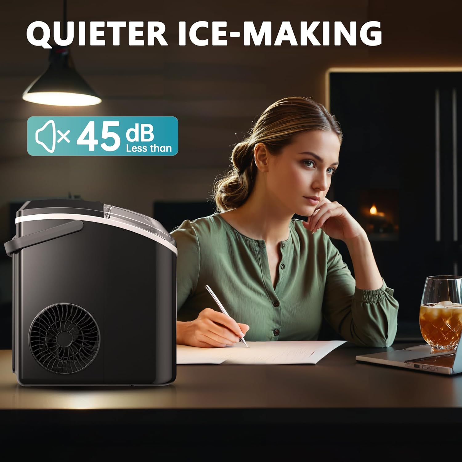 Highlights the ice maker's quiet operation, emphasizing its low noise level of 45 dB less than standard models.