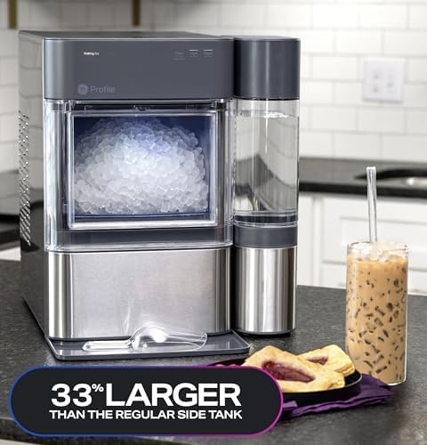 Highlights the product's 33% larger capacity compared to the regular side tank, emphasizing its ability to produce more ice.