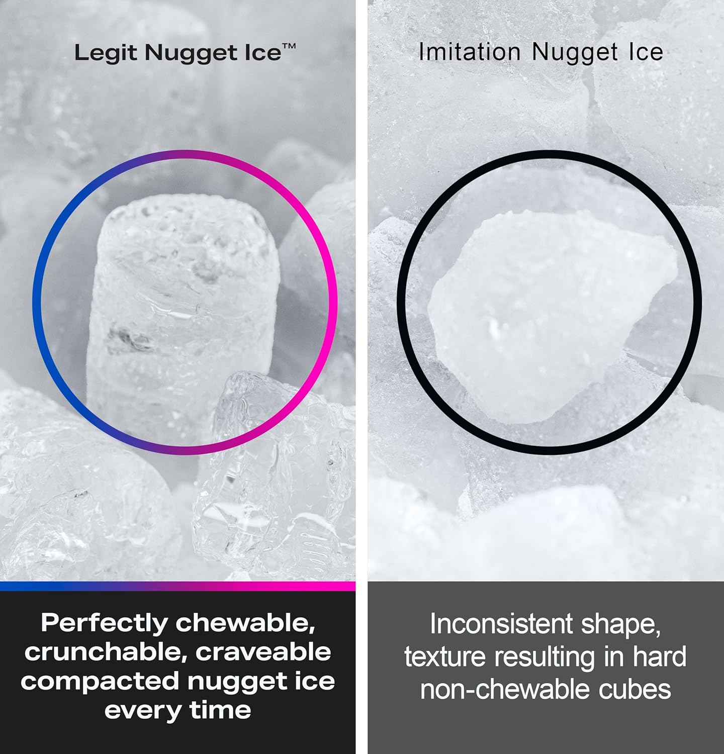 Highlights the superior quality and texture of the product's ice compared to imitation alternatives, emphasizing its chewable and enjoyable characteristics.