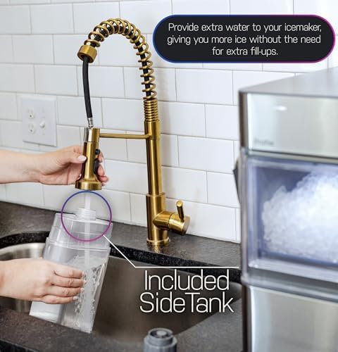 Highlights the product's additional water storage feature, emphasizing convenience for ice making without frequent refills.