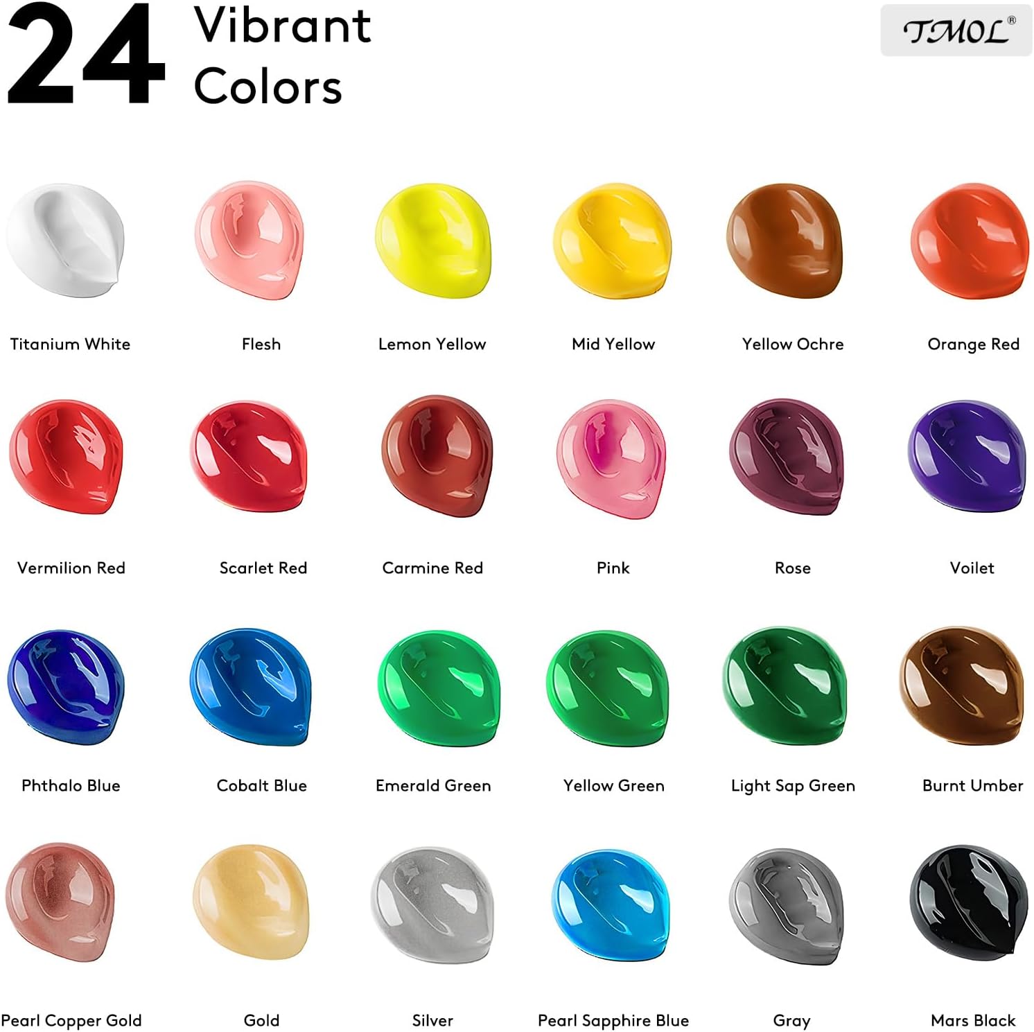 Showcases the wide range of 24 vibrant color options available for the product, helping customers understand the extensive color selection.