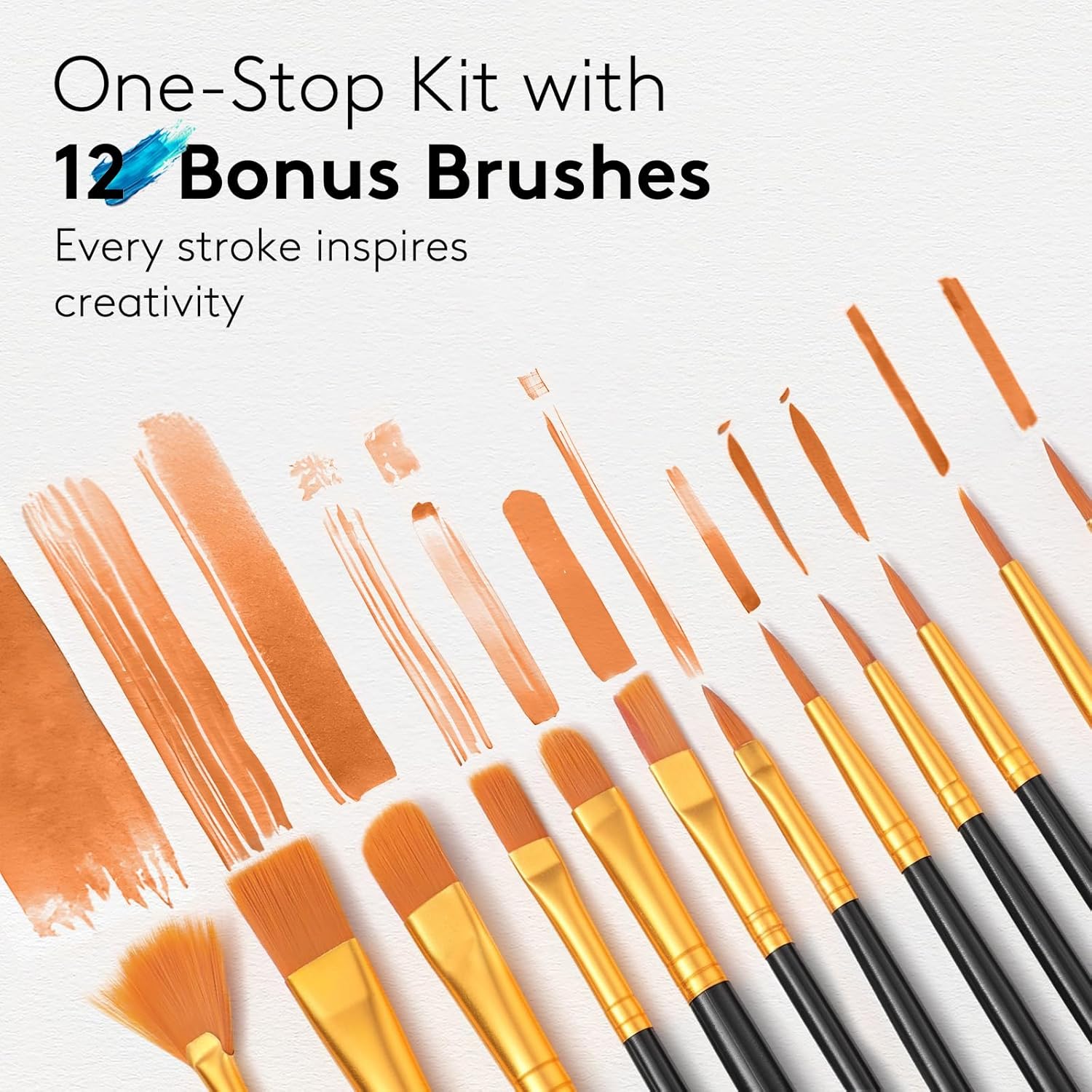 Highlights that the kit includes 12 bonus brushes, emphasizing the value and variety of tools provided. Emphasizes that every brush stroke inspires creativity, appealing to artists and hobbyists.