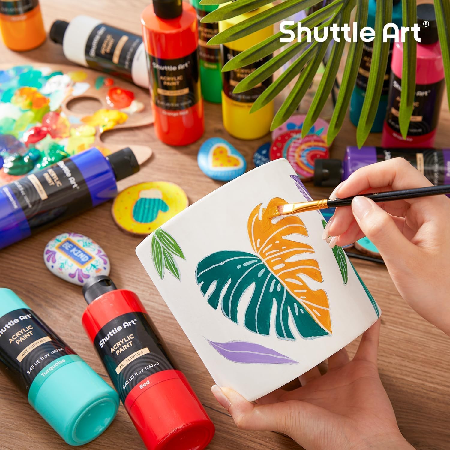 Showcases the variety of creative projects possible with Shuttle Art acrylic paints, from canvas painting to rock art.