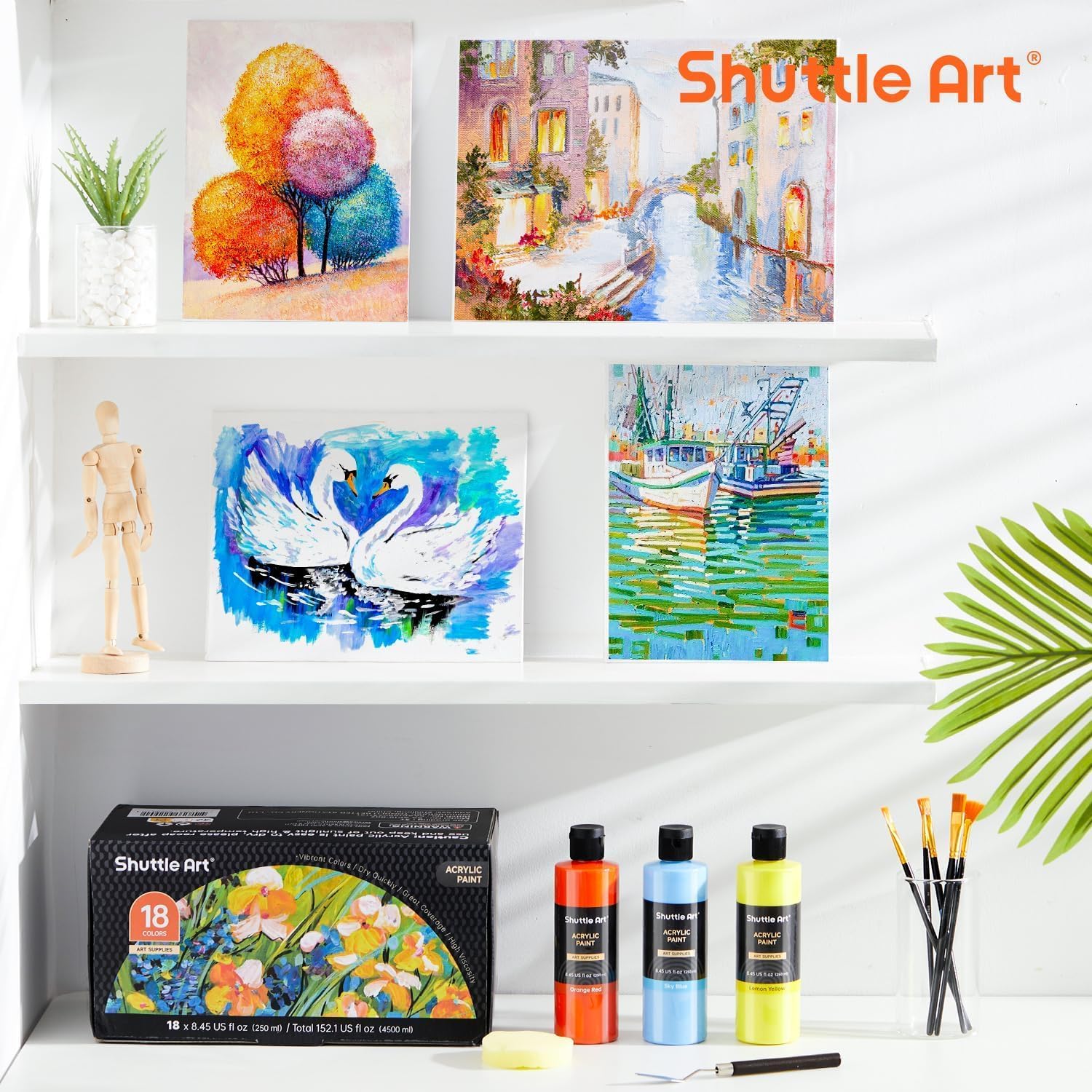 Showcases the Shuttle Art brand and its range of colorful acrylic paints alongside vibrant artwork examples to demonstrate the quality and versatility of the products.