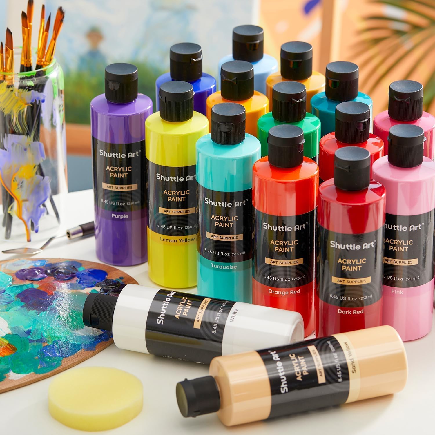 Showcases the full range of colors included in the acrylic paint set, demonstrating the variety and value provided to artists.