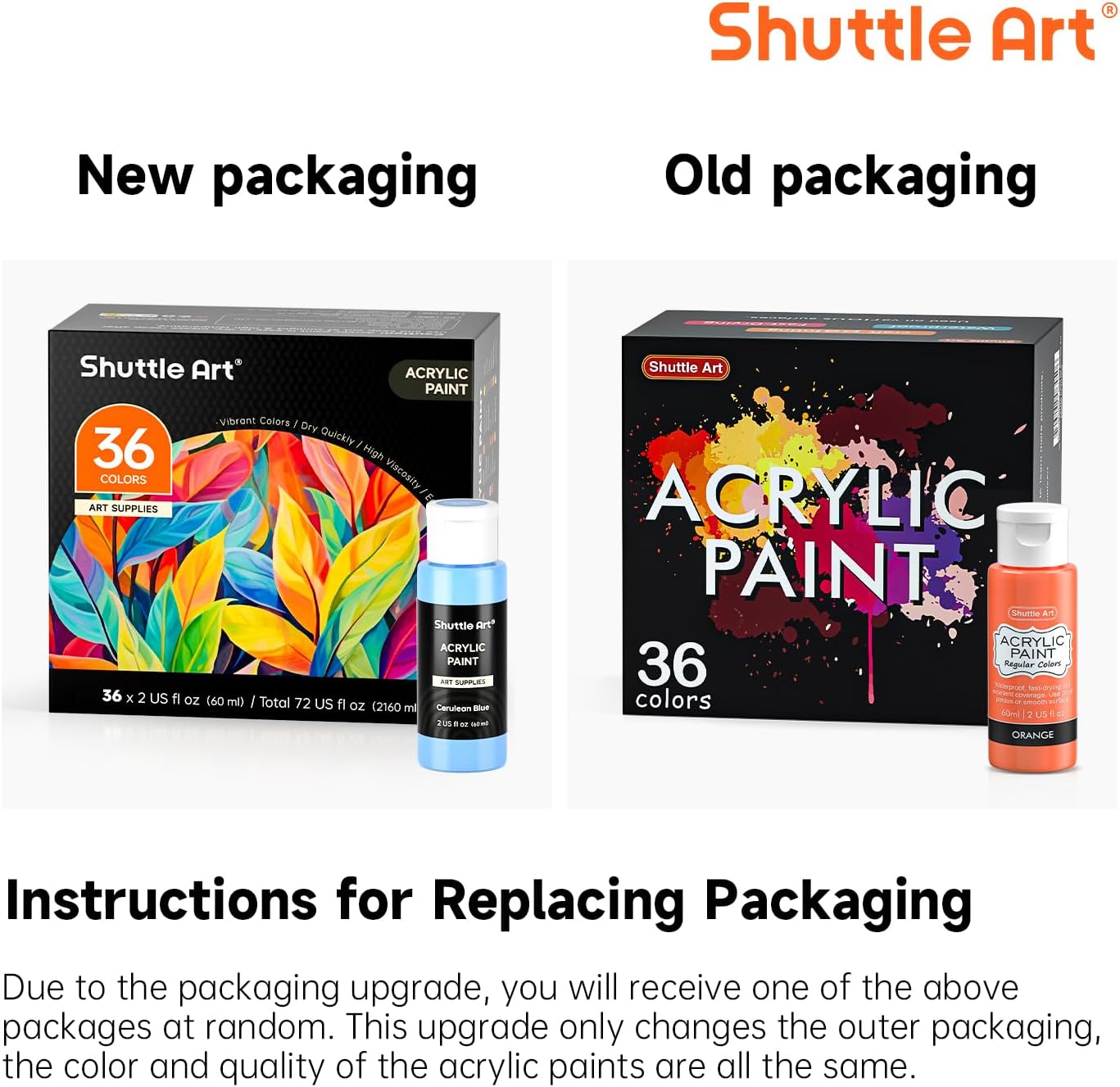 Informs customers about a change in product packaging, reassuring them that only the outer box has changed while the paint quality remains the same.