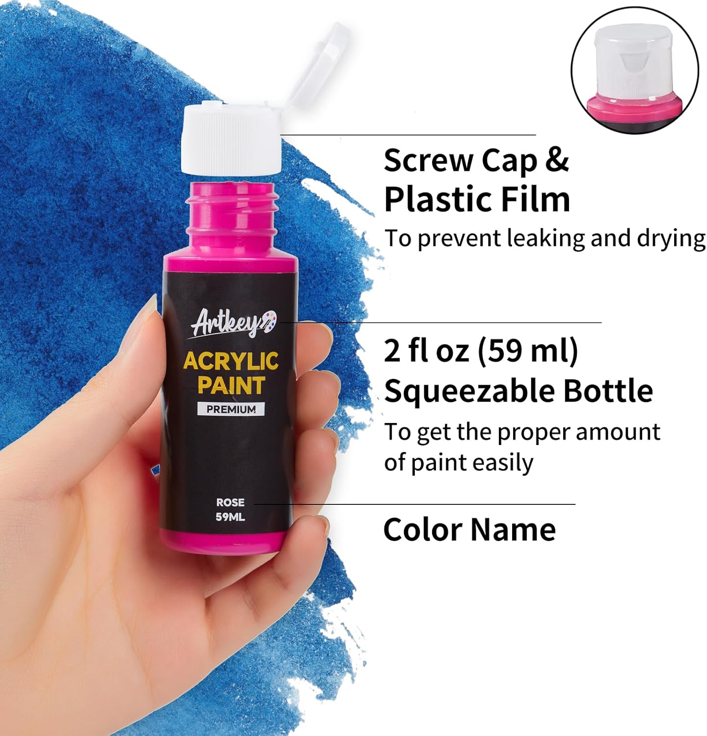 Highlights key features of the acrylic paint bottle design to show how it prevents leaking and allows for easy paint dispensing.