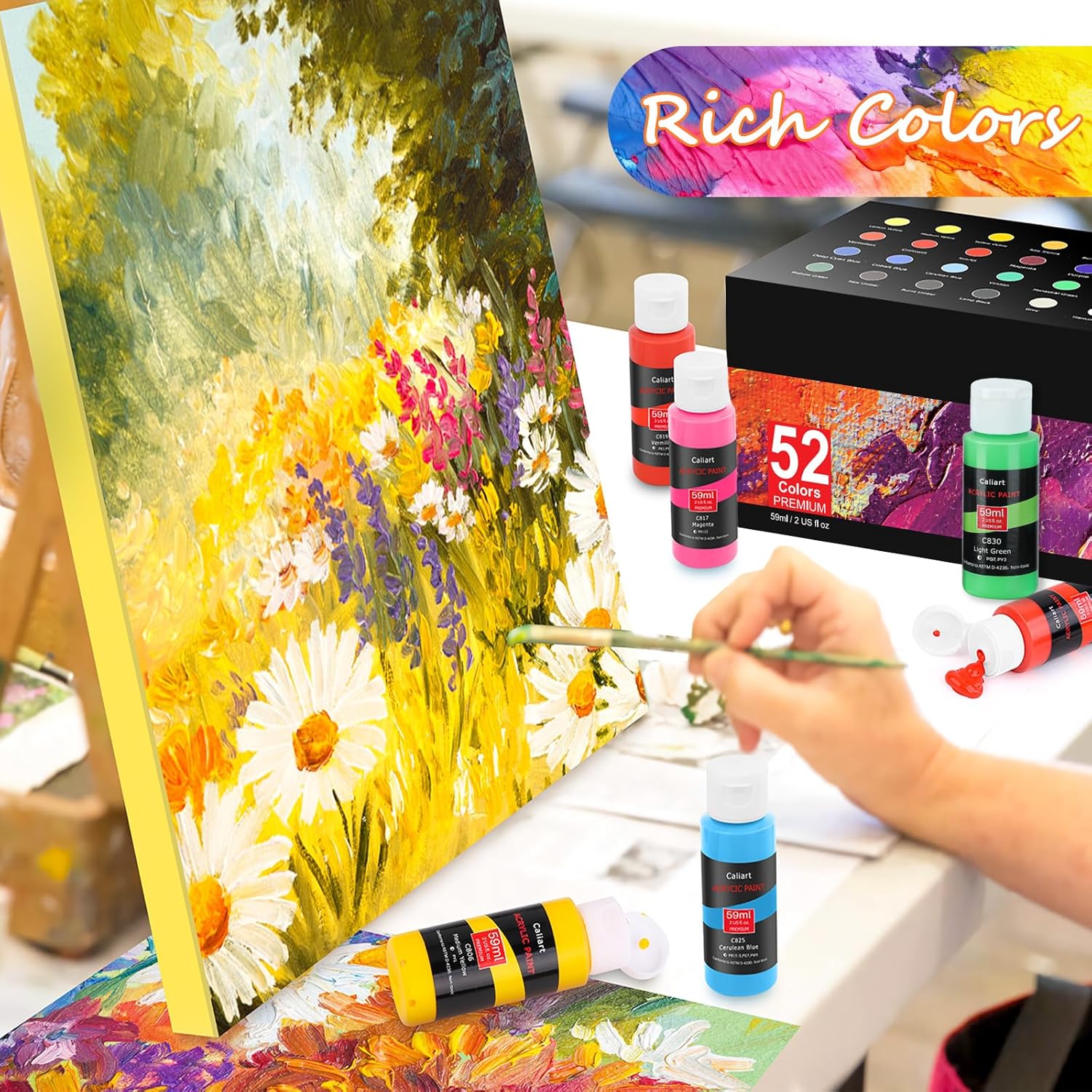 Showcases the vibrant and diverse color range of the paint set, emphasizing the ability to create rich, colorful artwork.