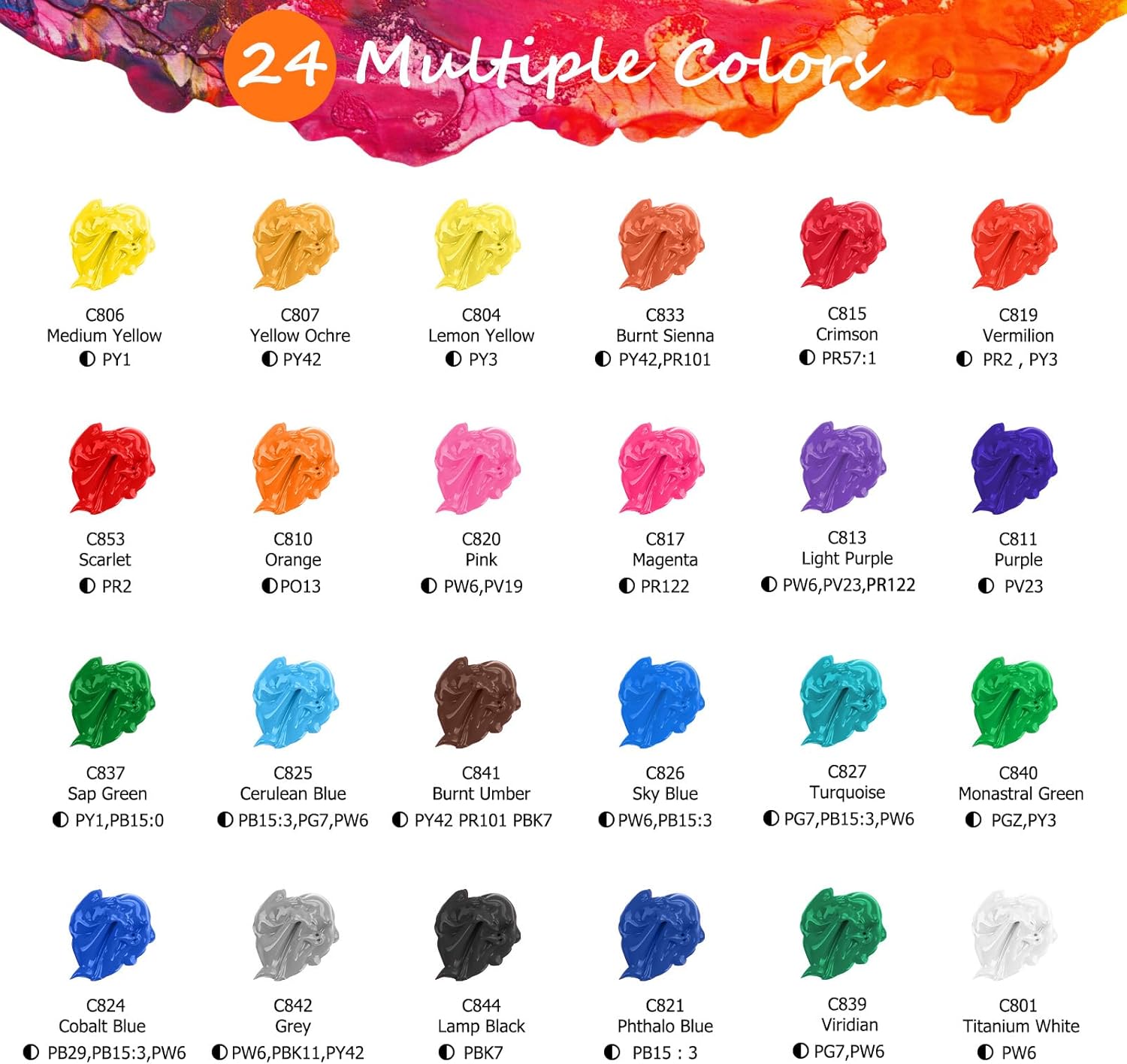 Showcases the wide range of 24 different paint colors included in the set, allowing customers to see the exact shades available.