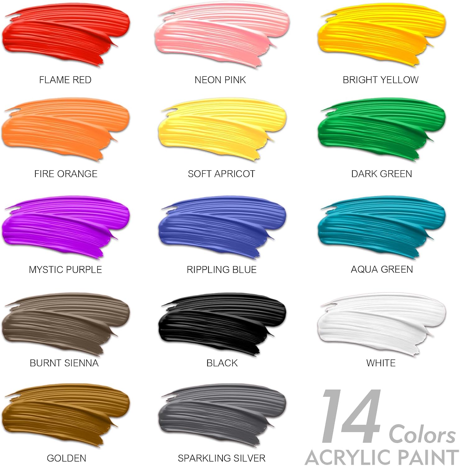 Showcases the wide range of vibrant acrylic paint colors available in the product set.