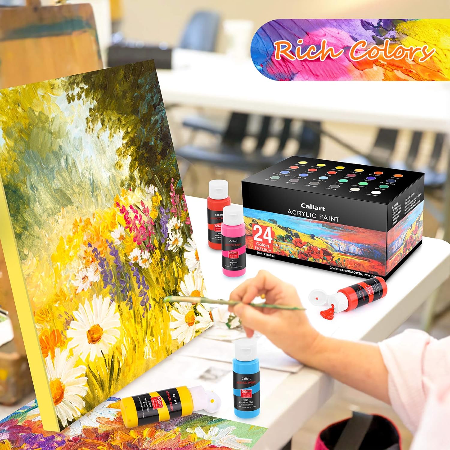 Highlights the vibrant color range of the acrylic paint set to appeal to artists looking for high-quality, vivid pigments.