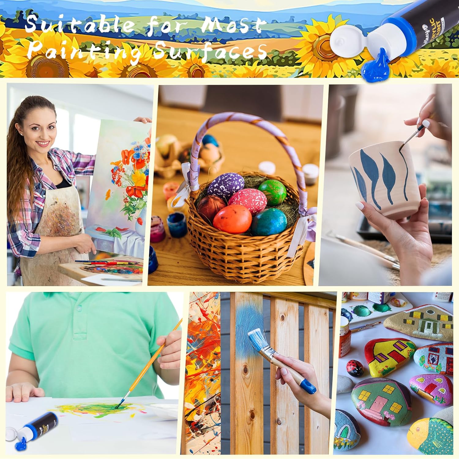 Showcases the wide range of surfaces and projects the paint can be used for, from canvas to wood to rocks, appealing to various types of artists and crafters.