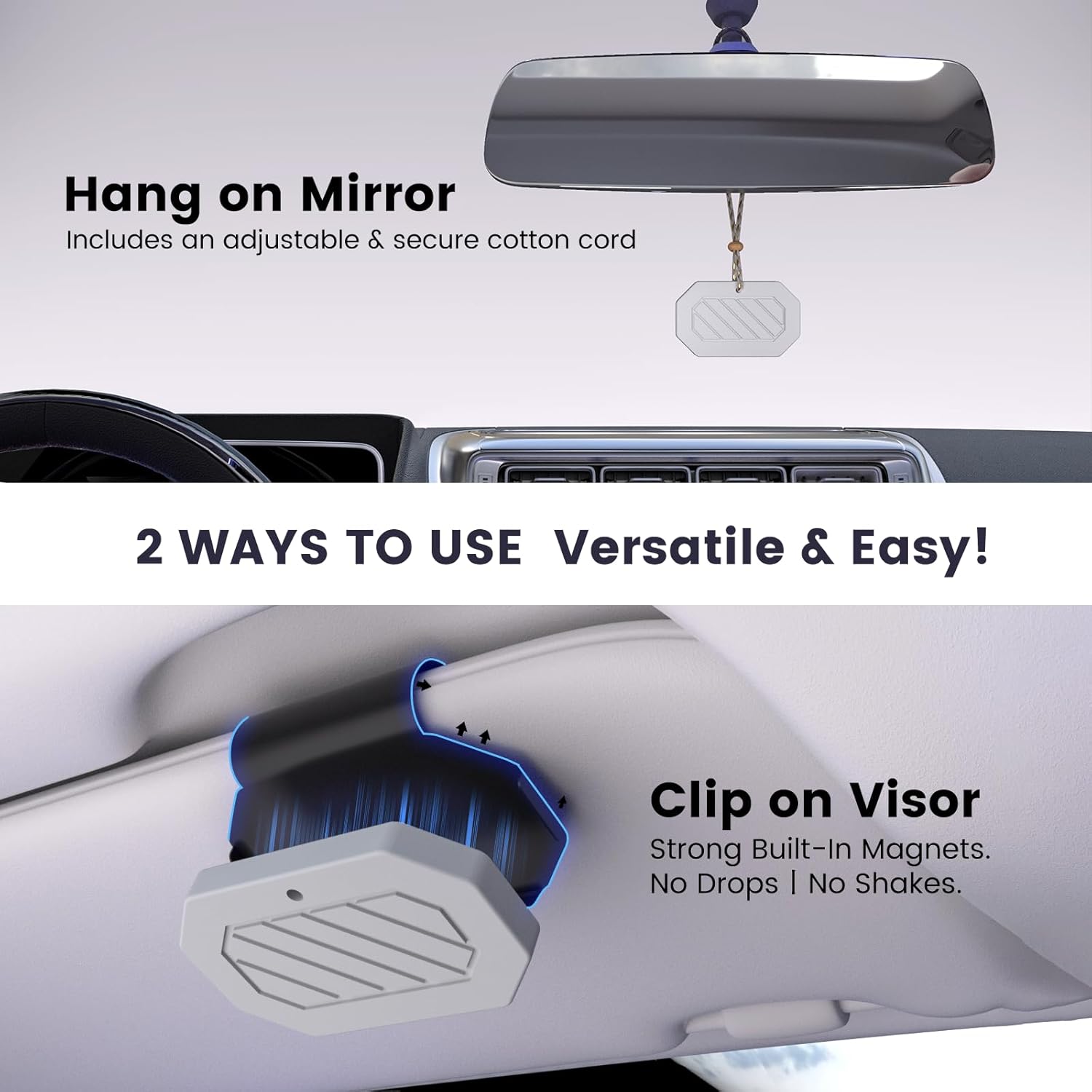 Demonstrates two ways to use the product - as a hanging mirror or clipped to the visor, highlighting its versatility and ease of use.