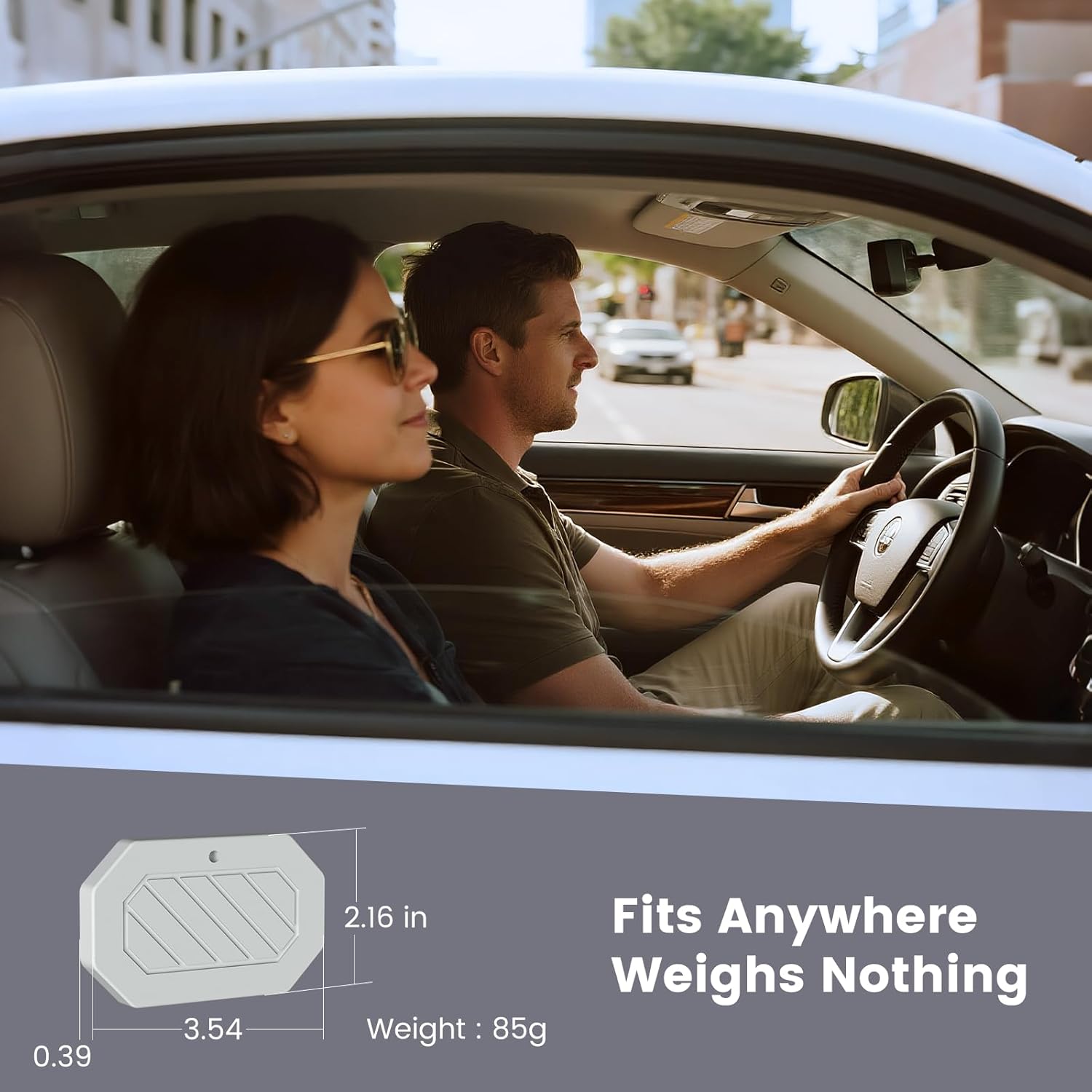 Emphasizes the product's small, lightweight design that can fit easily anywhere in a vehicle. Provides exact measurements and weight of the product to show how small and light it is.