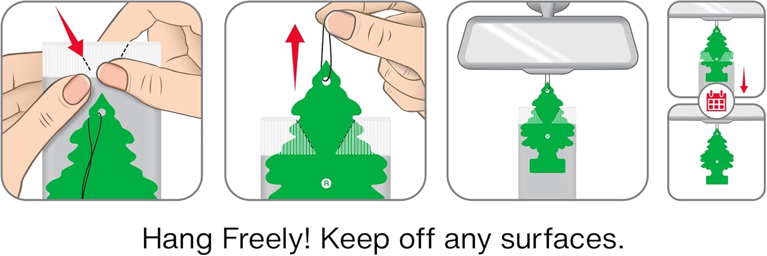 Demonstrates the correct way to hang and position the air freshener product in a vehicle, emphasizing proper placement for effectiveness.