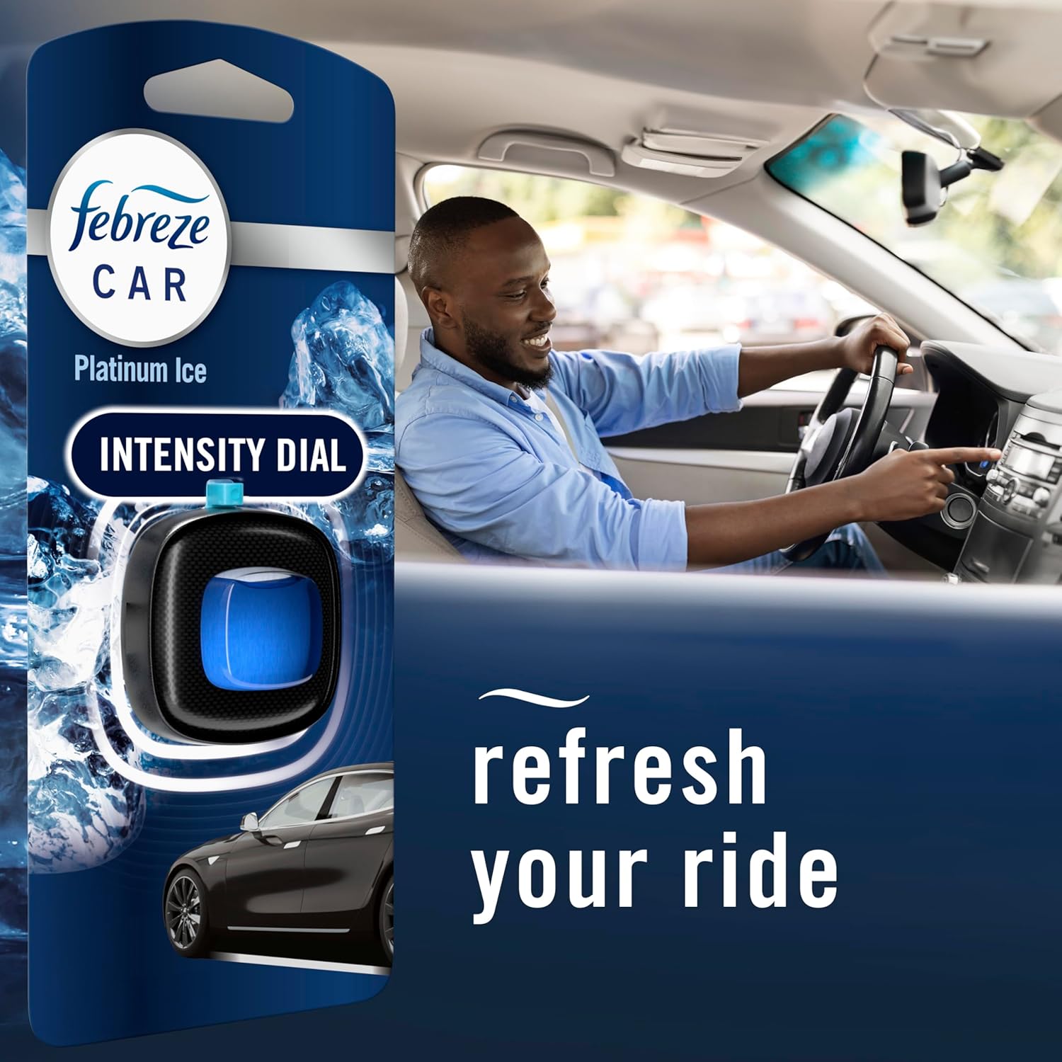 Highlights the product's ability to refresh the car's interior with a pleasant scent, emphasizing the 'refresh your ride' benefit. Shows a satisfied driver enjoying a fresh-smelling car, reinforcing…