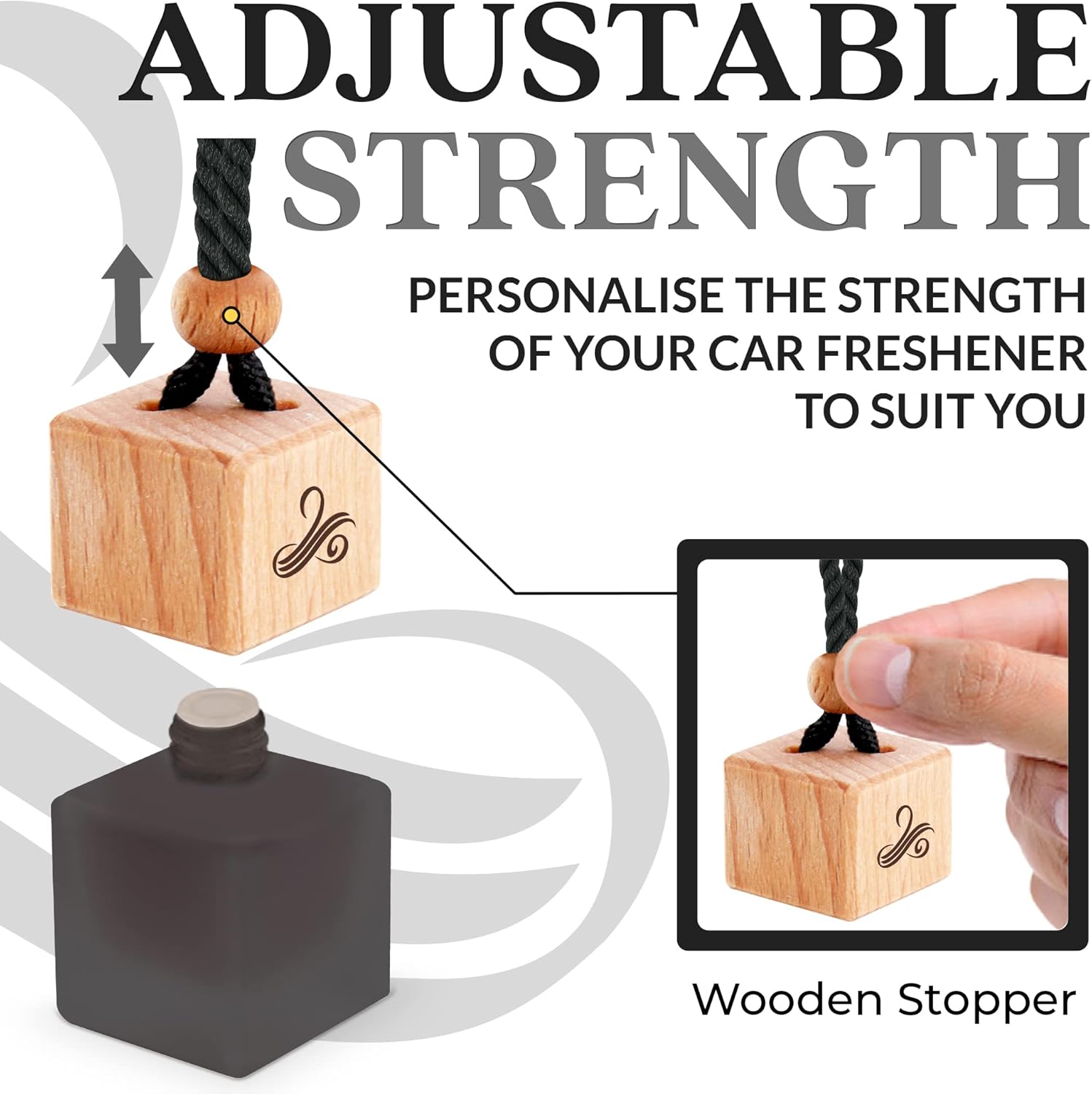 Highlights the product's unique adjustable strength feature, allowing users to personalize the intensity of their car freshener.