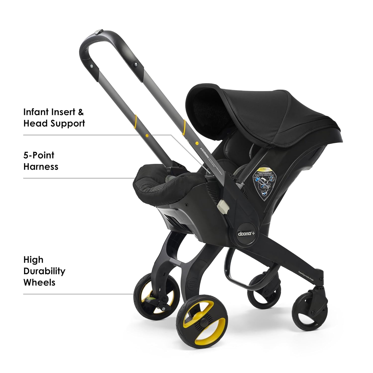 Highlights key safety and comfort features of the infant car seat, including head support, harness system, and durable wheels.