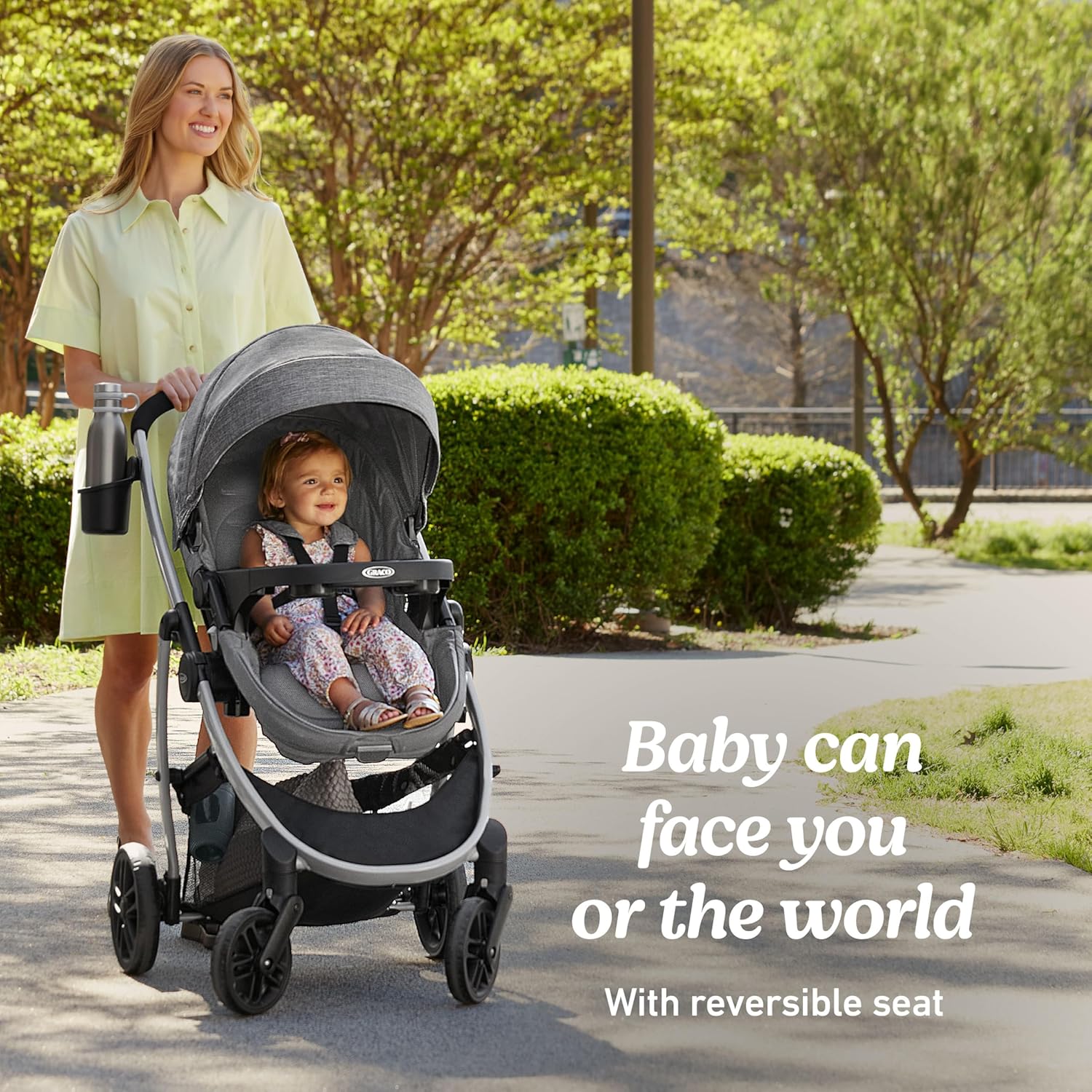 Highlights the stroller's reversible seat feature, allowing the baby to face the parent or the world, providing flexibility in use. Shows the product being used in a real-world context,…